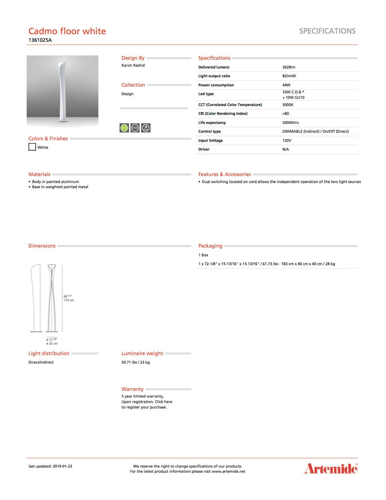 Artemide Cadmo Floor Lamp in White In New Condition For Sale In Hicksville, NY