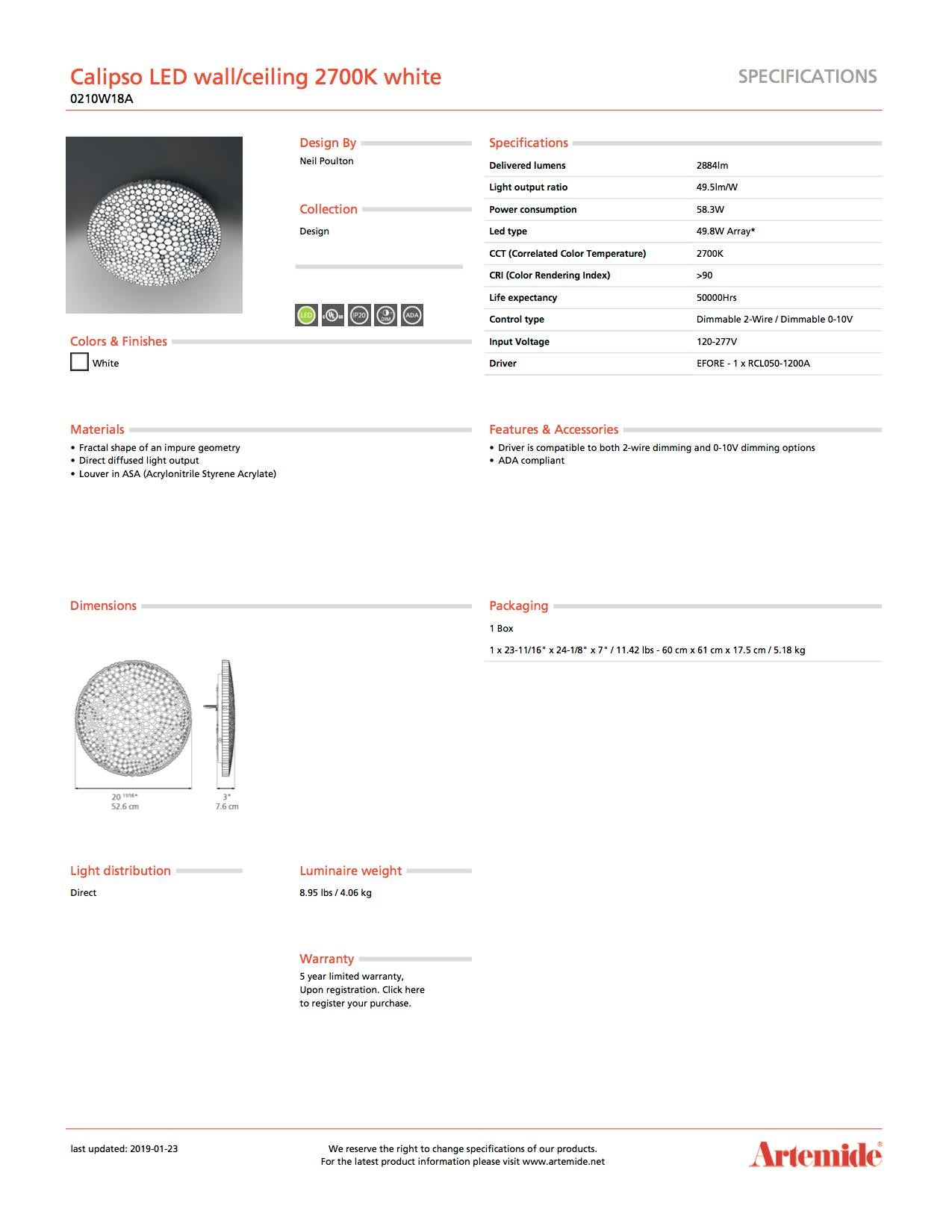 Artemide Calipso 2700K LED-Wand- und Deckenleuchte in Weiß (21. Jahrhundert und zeitgenössisch) im Angebot