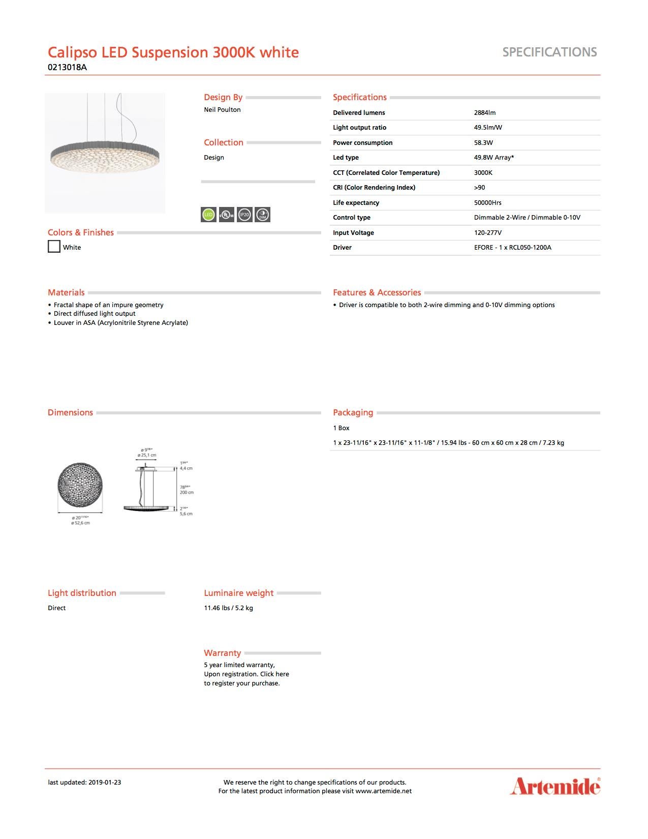 Italian Artemide Calipso 3000K LED Suspension Light in White For Sale
