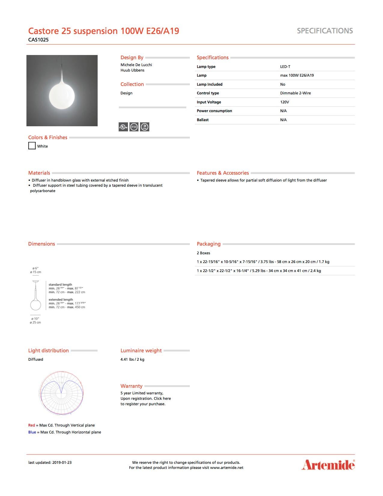 Italian Artemide Castore 25 100W E26/A19 Suspension Light For Sale
