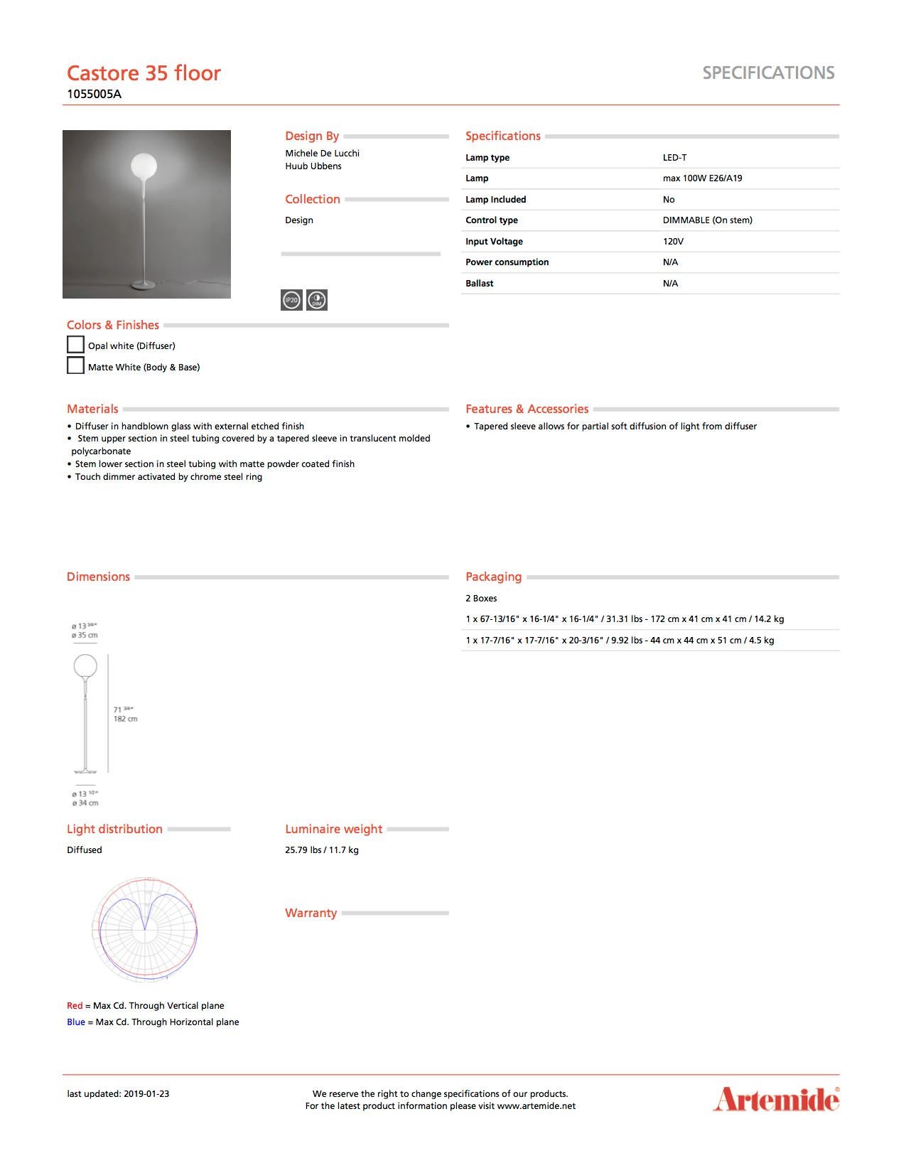 Artemide Castore 35 Floor Lamp in White In New Condition For Sale In Hicksville, NY