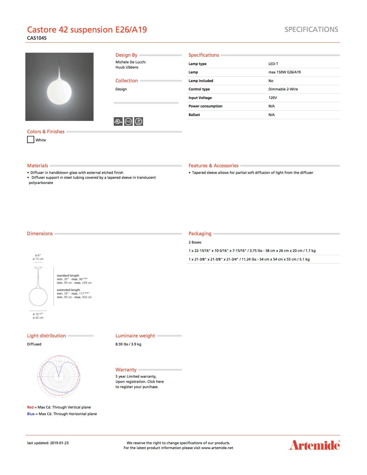 Artemide Castore 42 E26/A19 Hängeleuchte in Weiß (Italienisch) im Angebot