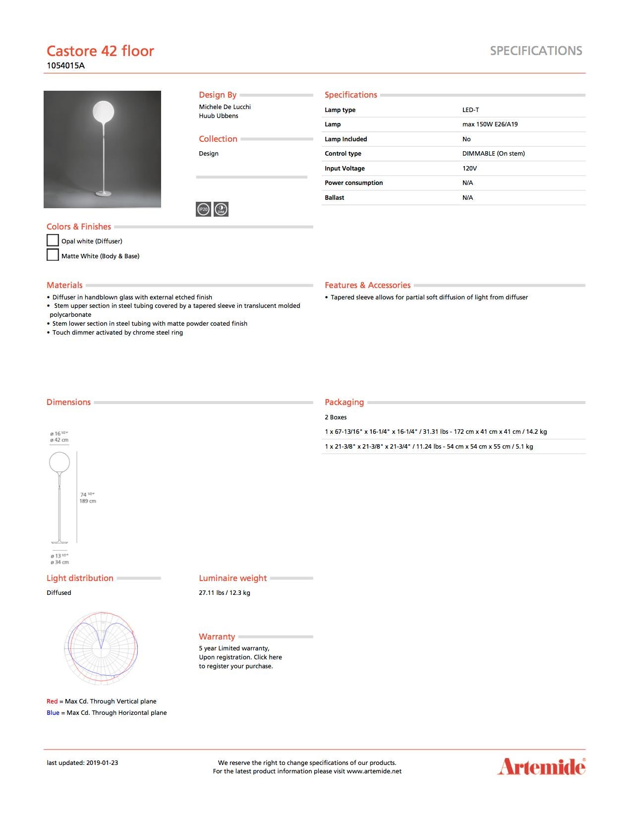 Artemide Castore 42 Floor Lamp in White In New Condition For Sale In Hicksville, NY