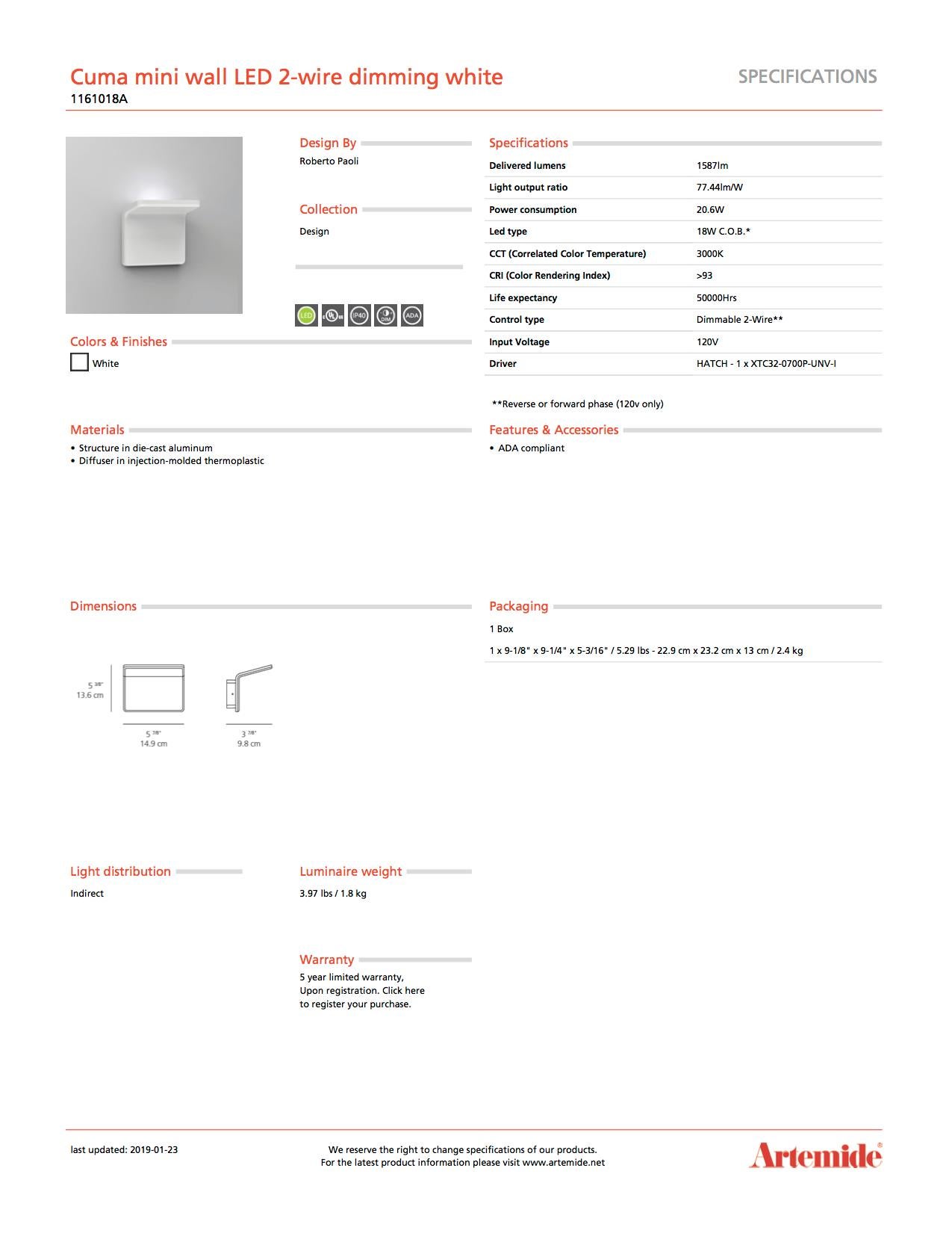 Modern Artemide Cuma Mini LED Wall Light in White with Dimmer For Sale