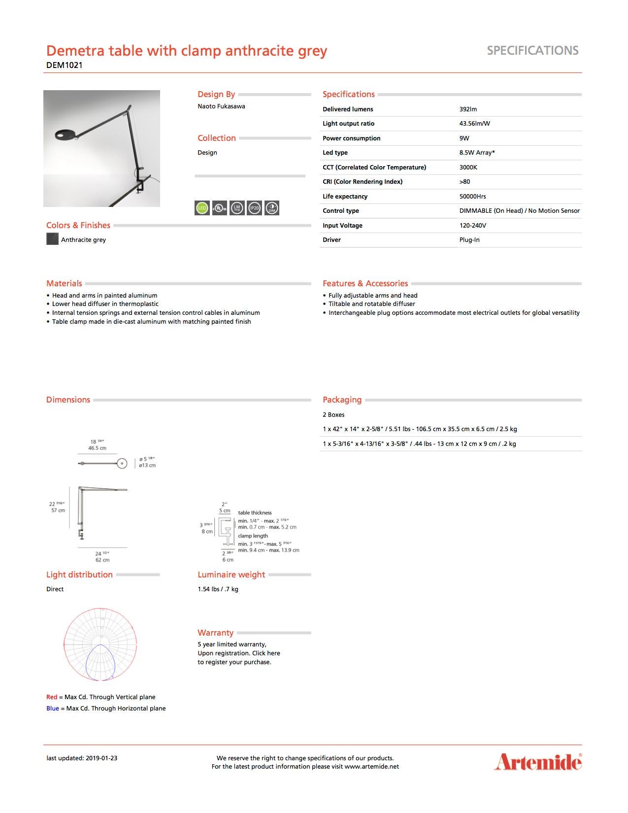 Hungarian Artemide Demetra Table Lamp with Clamp in Anthracite Grey For Sale