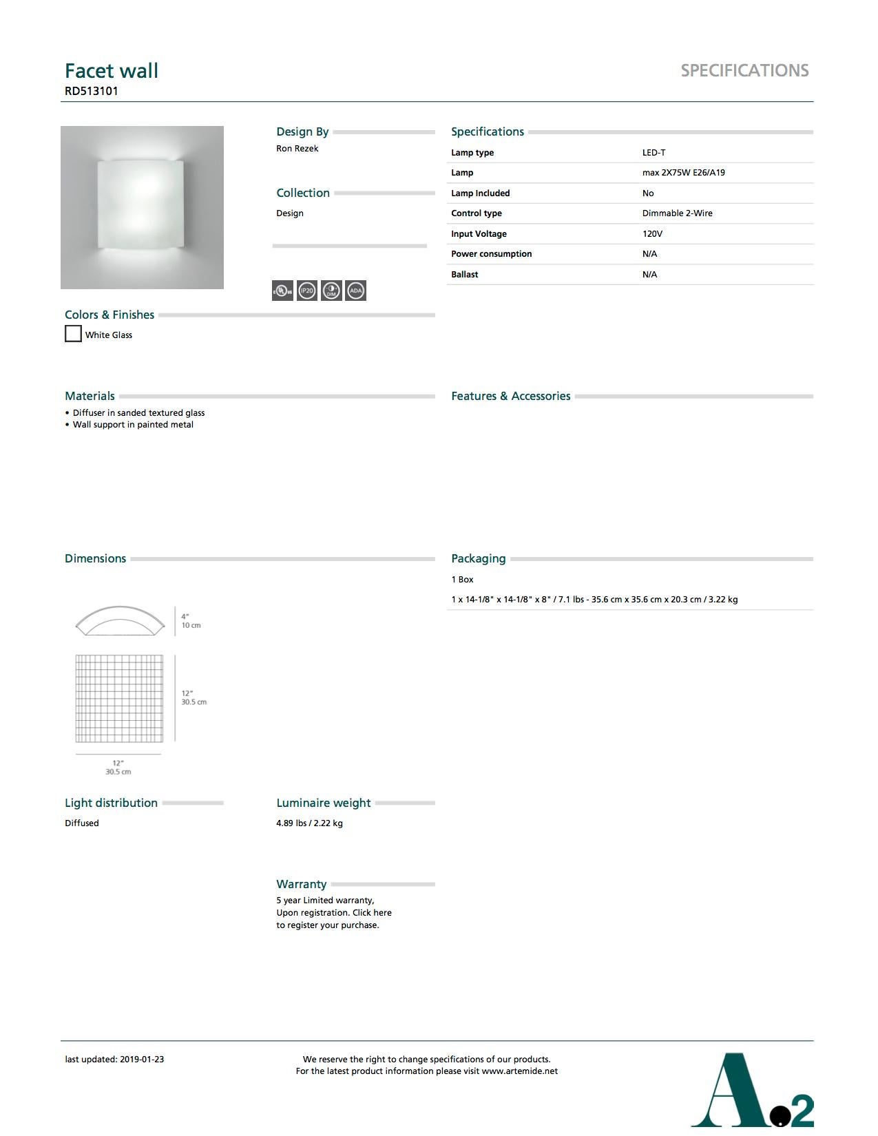 Canadian Artemide Facet Wall Light with White Glass For Sale