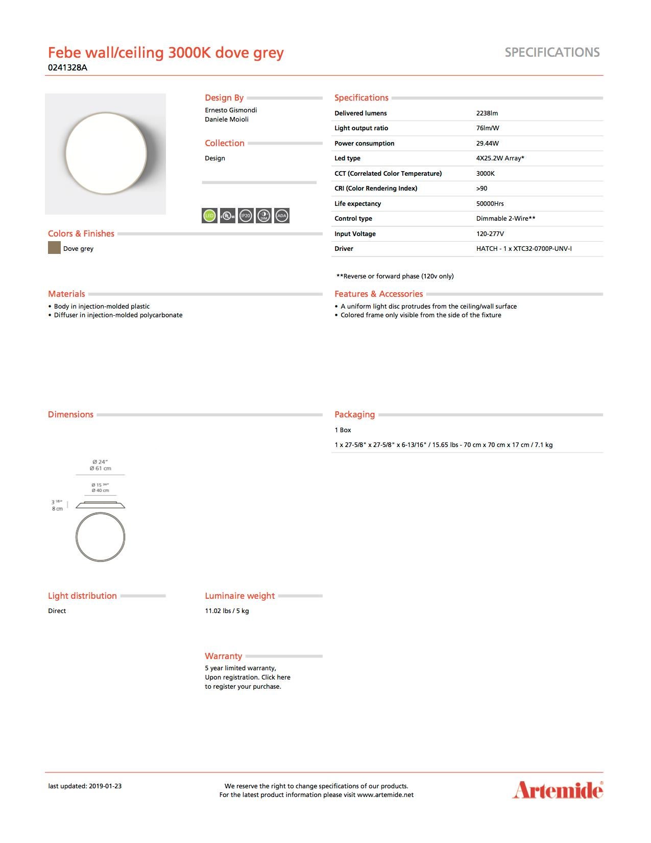 Artemide Febe 3000K Wand- und Deckenleuchte in Grau (Kunststoff) im Angebot