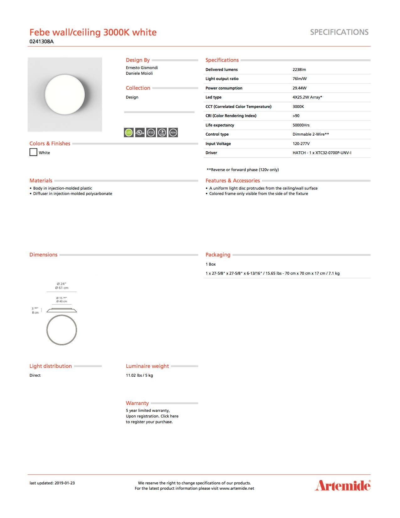 Plastic Artemide Febe Wall and Ceiling Light 3000k in White For Sale