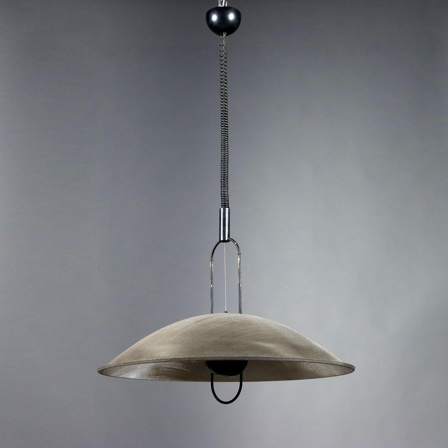 Ceiling lamp providing reflected light with perforated chrome-plated sheet metal diffuser and enamelled metal.