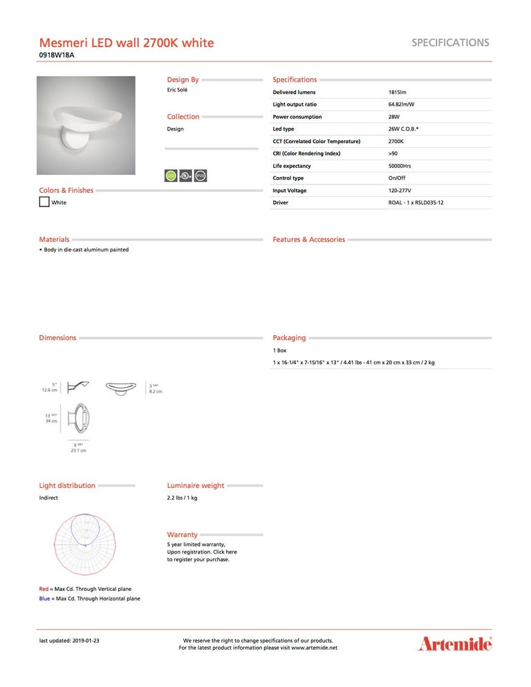 Artemide Mesmeri 2700K LED Wall Light in White In New Condition For Sale In Hicksville, NY