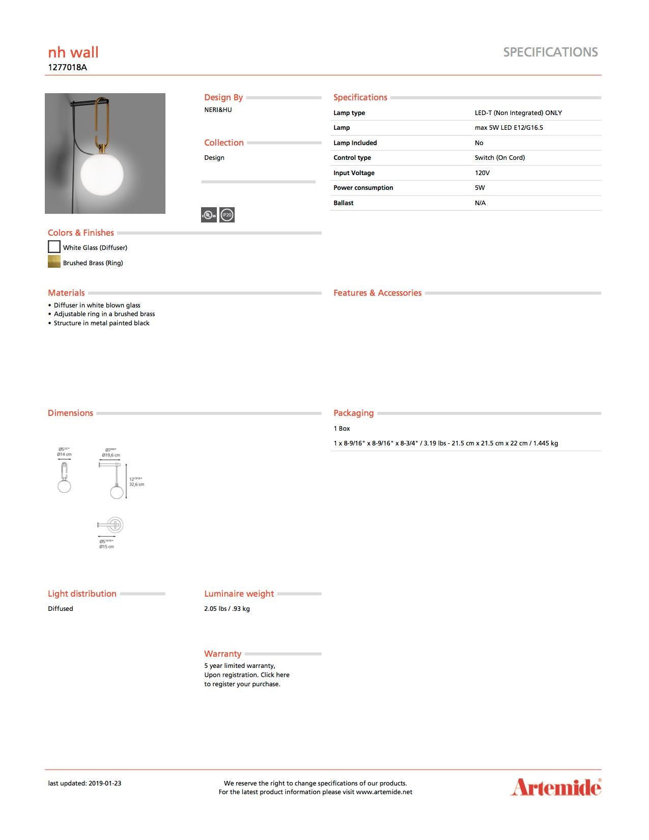 Modern Artemide NH Wall Light For Sale