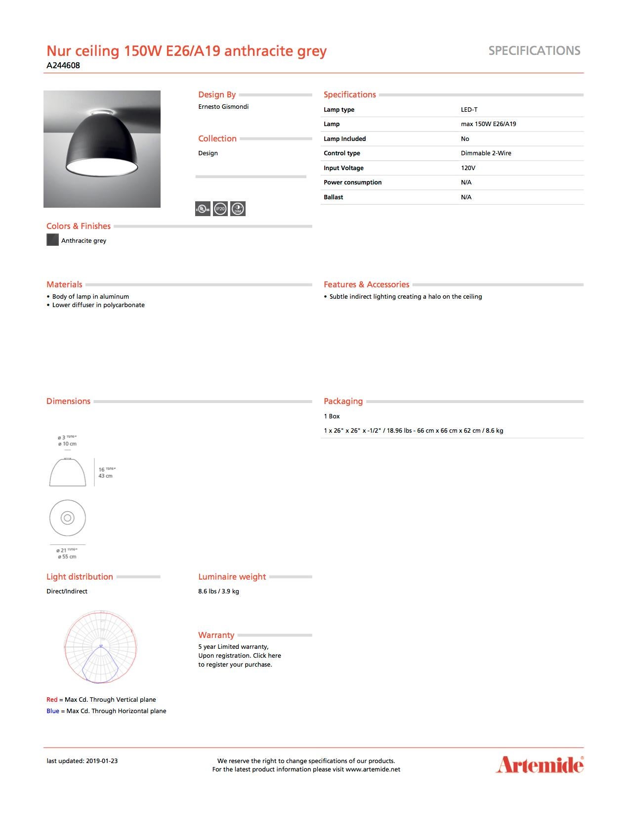 Modern Artemide Nur 150W E26 or A19 Ceiling Light in Anthracite Grey For Sale