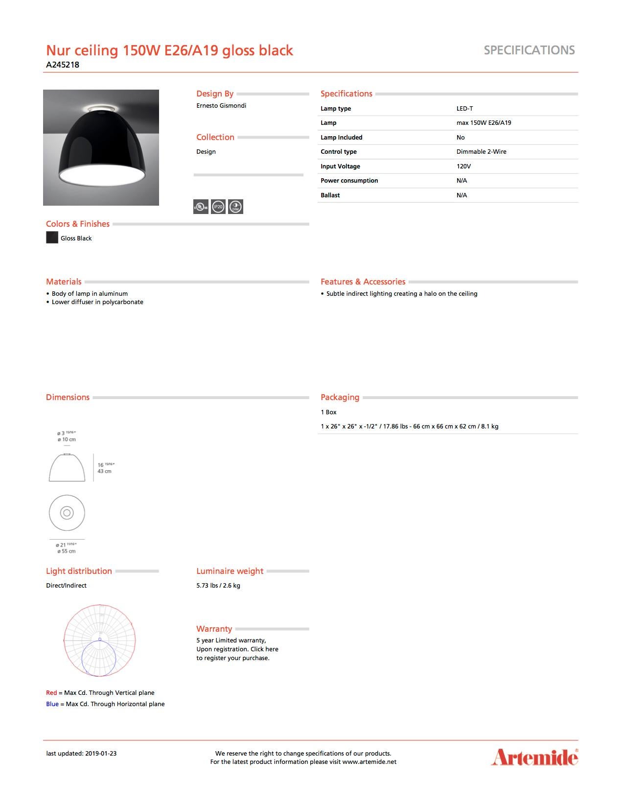 Artemide Nur 150W E26/A19 Deckenleuchte in glänzendem Schwarz (Moderne) im Angebot