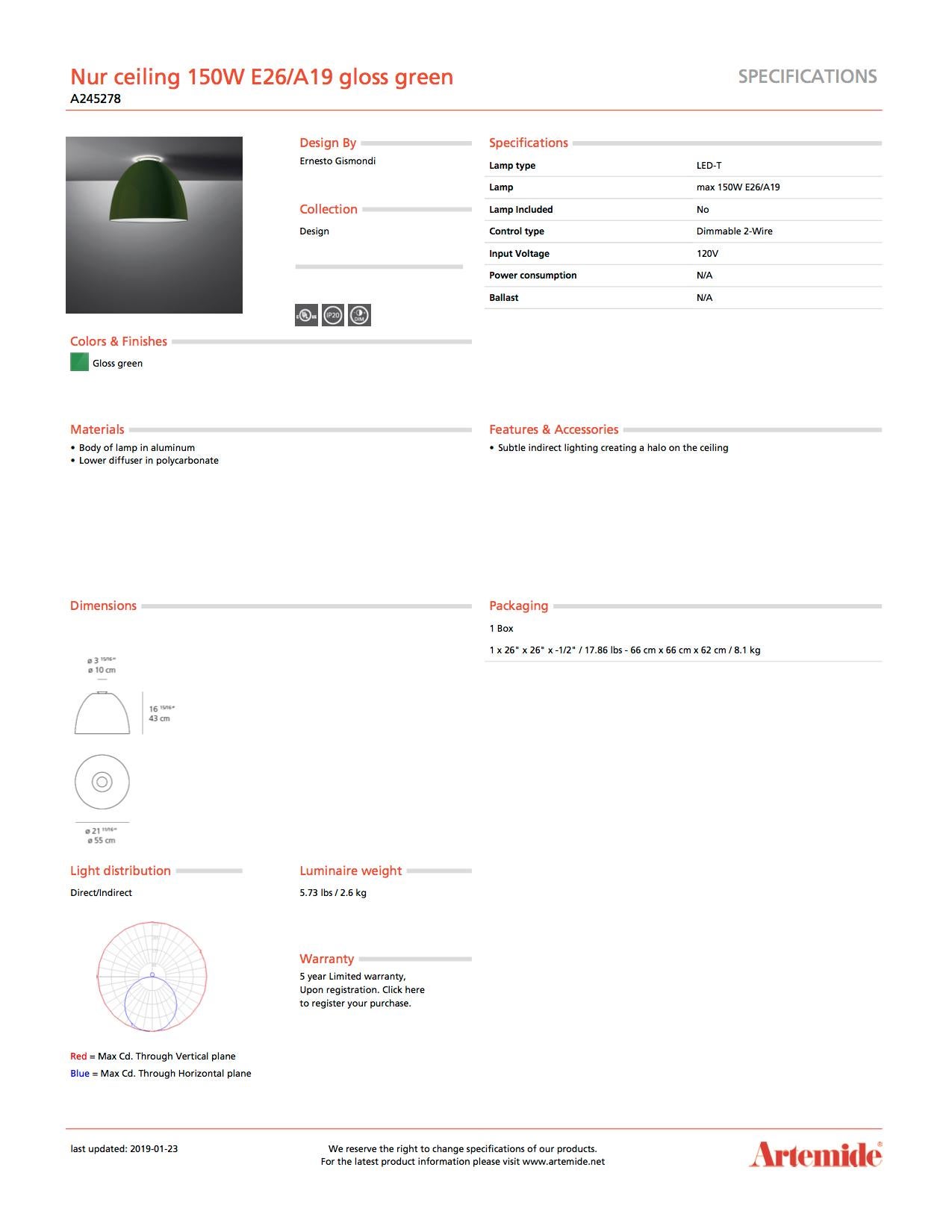 Artemide Nur 150W E26/A19 Deckenleuchte in glänzendem Grün (Moderne) im Angebot