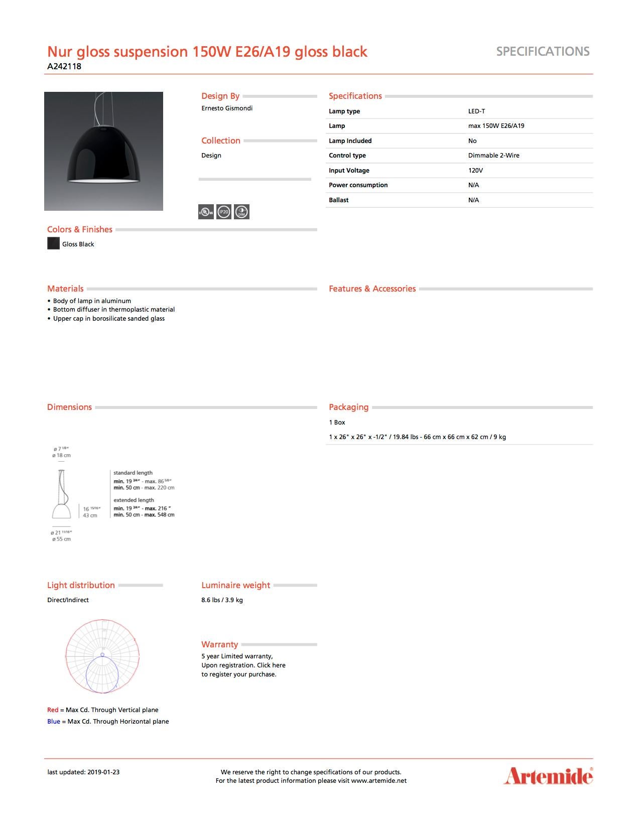 Modern Artemide Nur 150W E26/A19 Suspension Light in Glossy Black For Sale