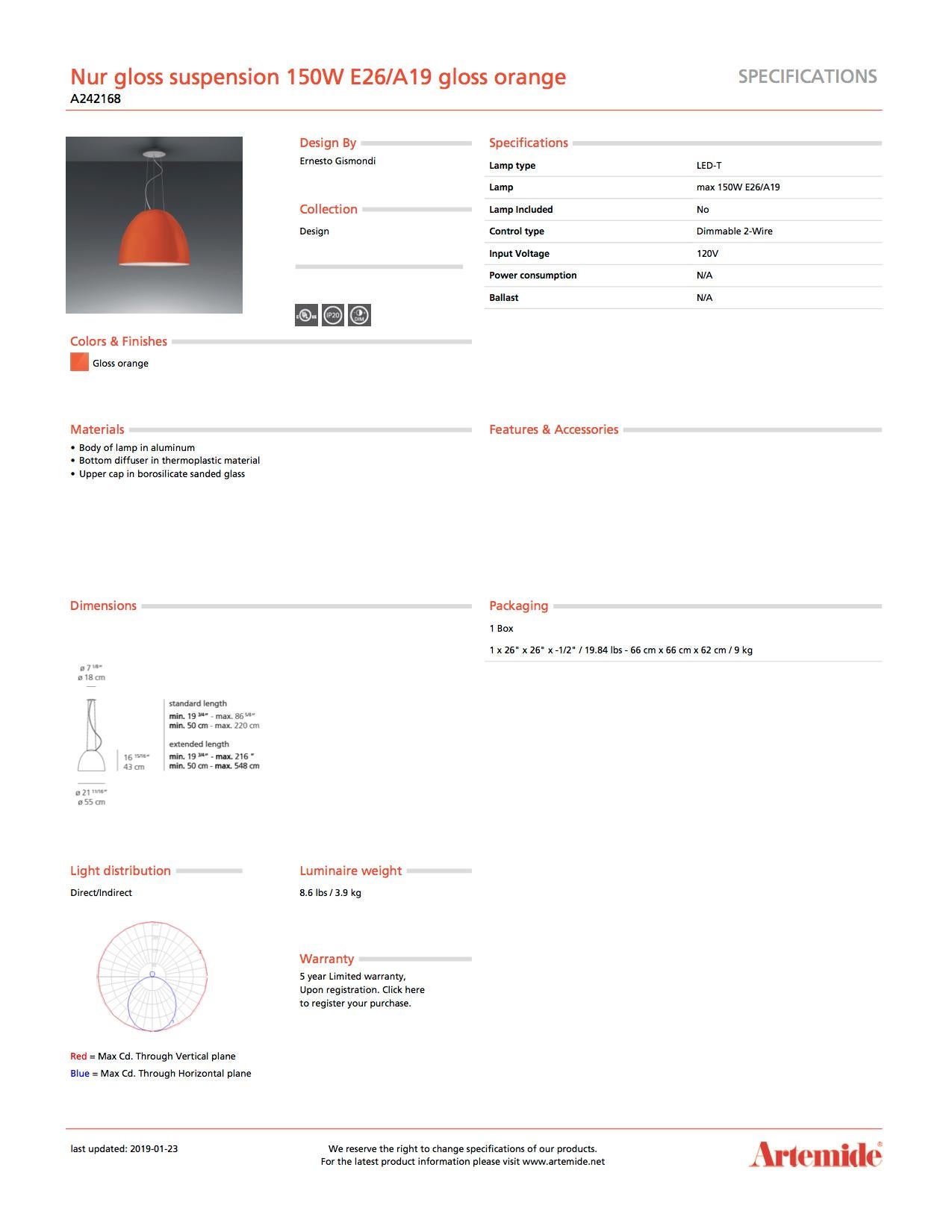 Modern Artemide Nur 150W E26/A19 Suspension Light in Glossy Orange For Sale