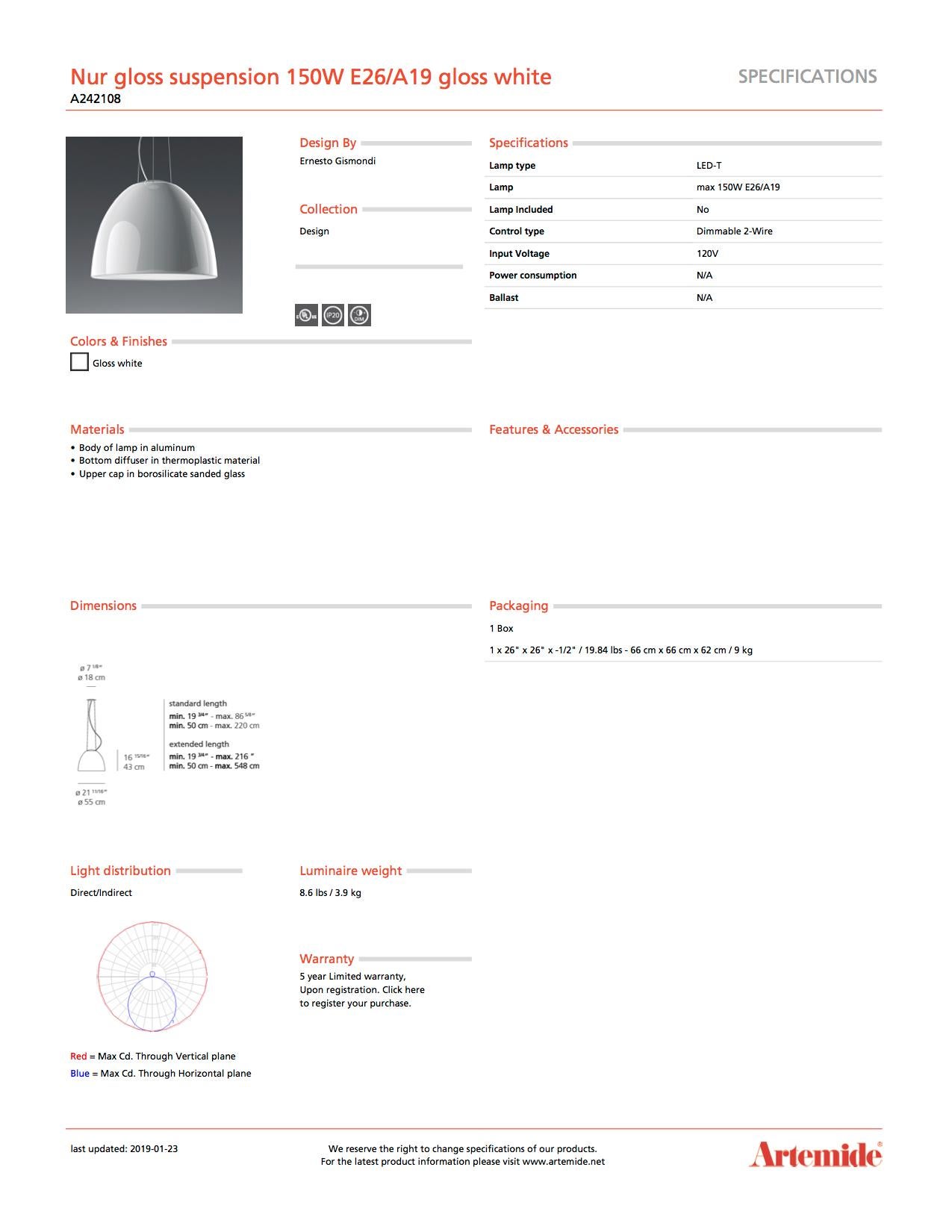 Modern Artemide Nur 150W E26/A19 Suspension Light in Glossy White For Sale