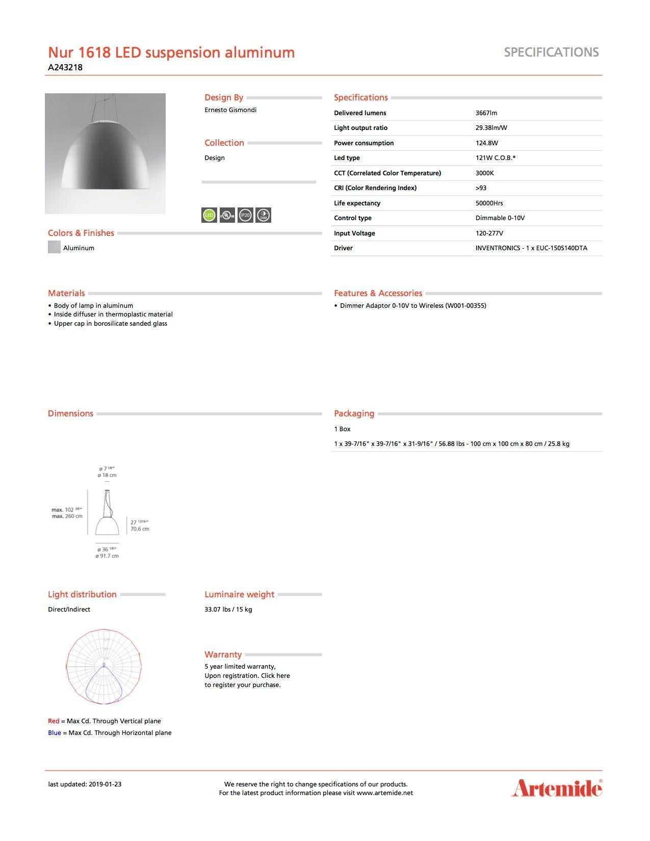 Modern Artemide Nur 1618 LED Suspension Light in Aluminum For Sale
