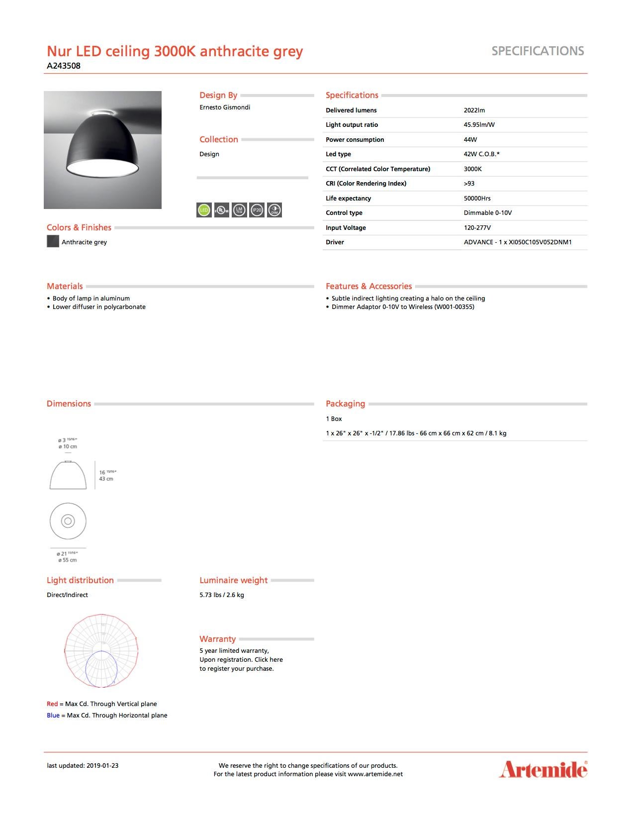 Moderne Plafonnier Artemide Nur LED 3000K en gris anthracite en vente