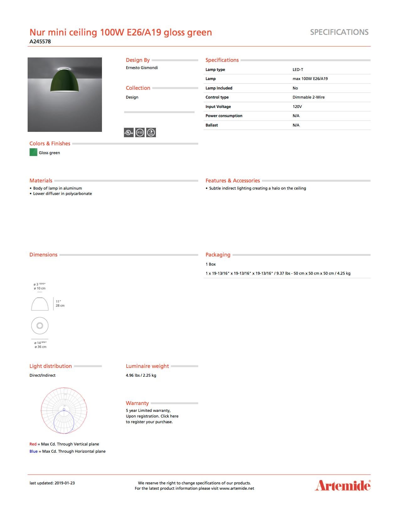Moderno Artemide Nur Mini 100W E26/A19 Plafoniera in Verde Lucido in vendita