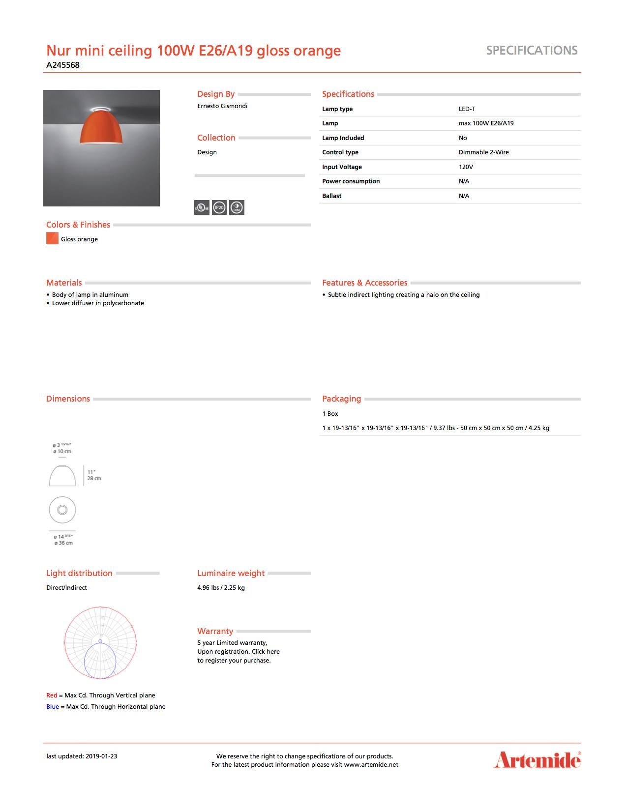 Modern Artemide Nur Mini 100W E26 or A19 Ceiling Light in Glossy Orange For Sale