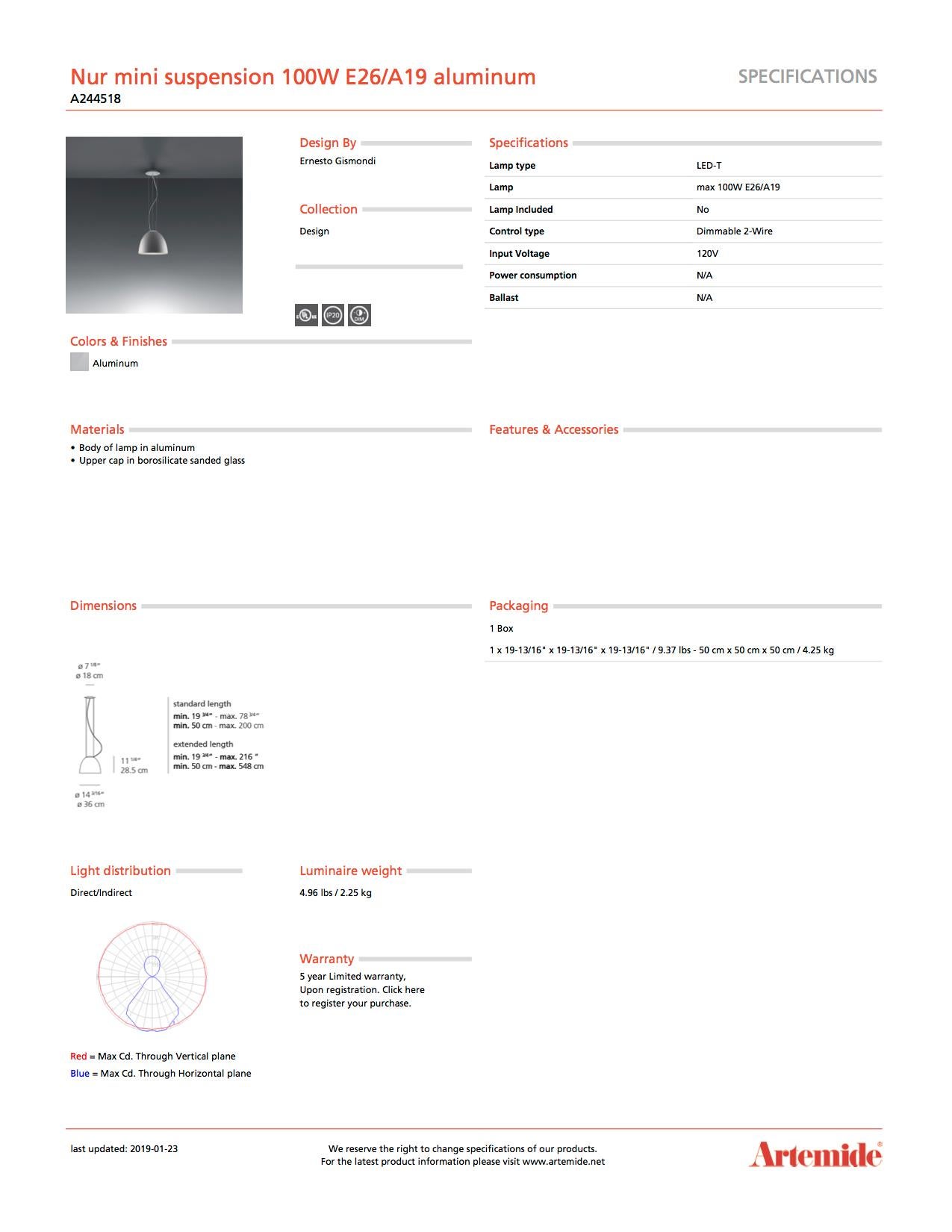 Italian Artemide Nur Mini Suspension Light 100W E26/A19 in Aluminum For Sale