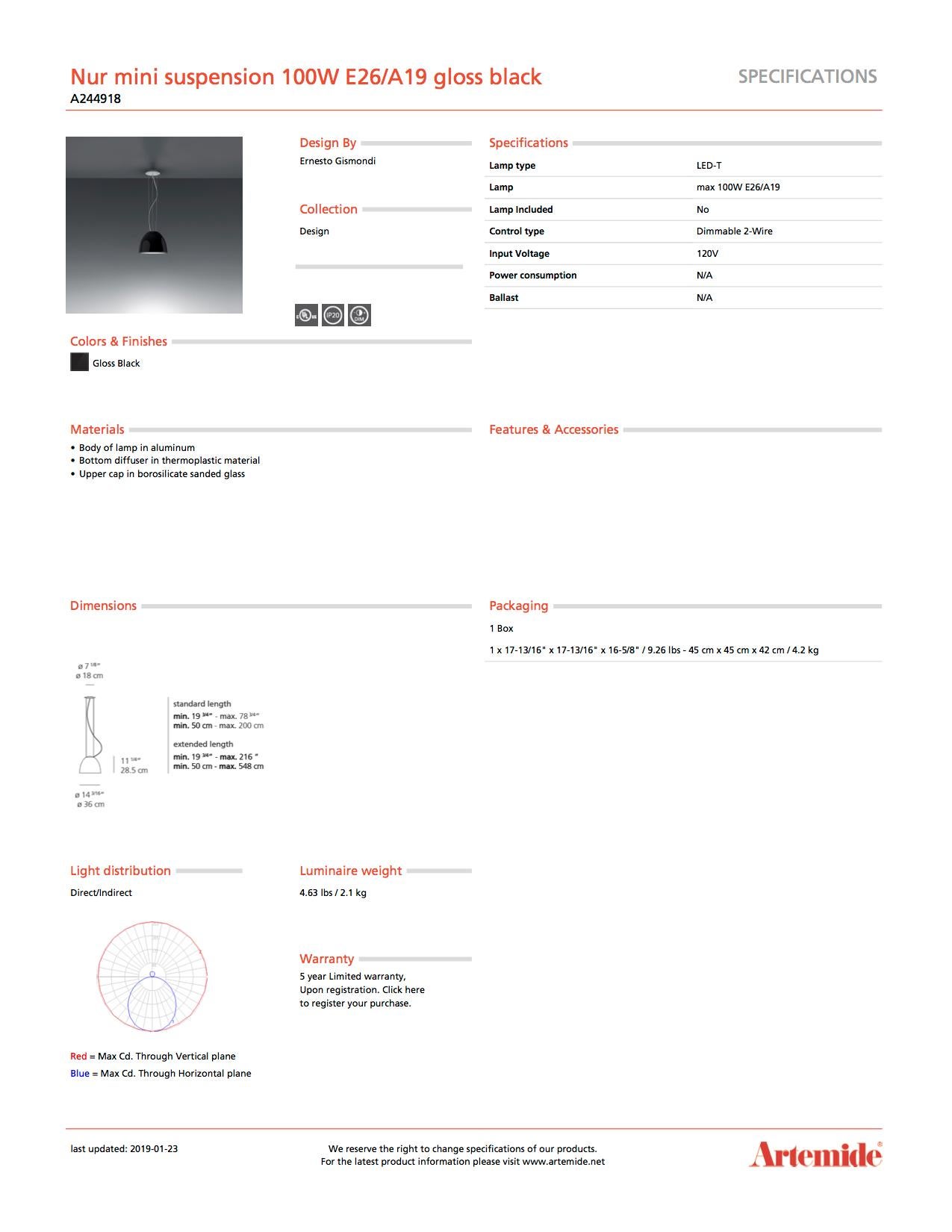 Italian Artemide Nur Mini Suspension Light 100W E26/A19 in Gloss Black For Sale