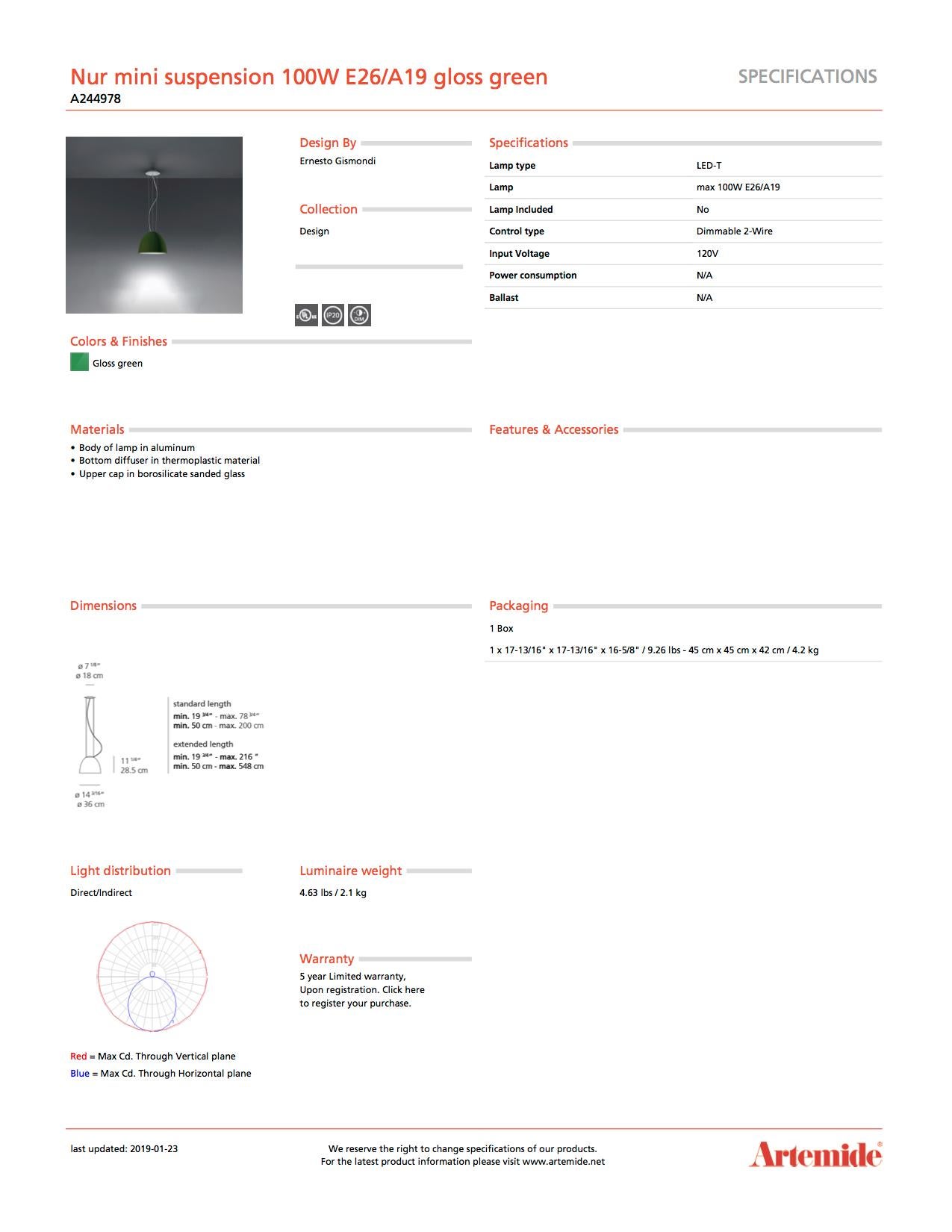 Italian Artemide Nur Mini Suspension Light 100W E26/A19 in Gloss Green For Sale