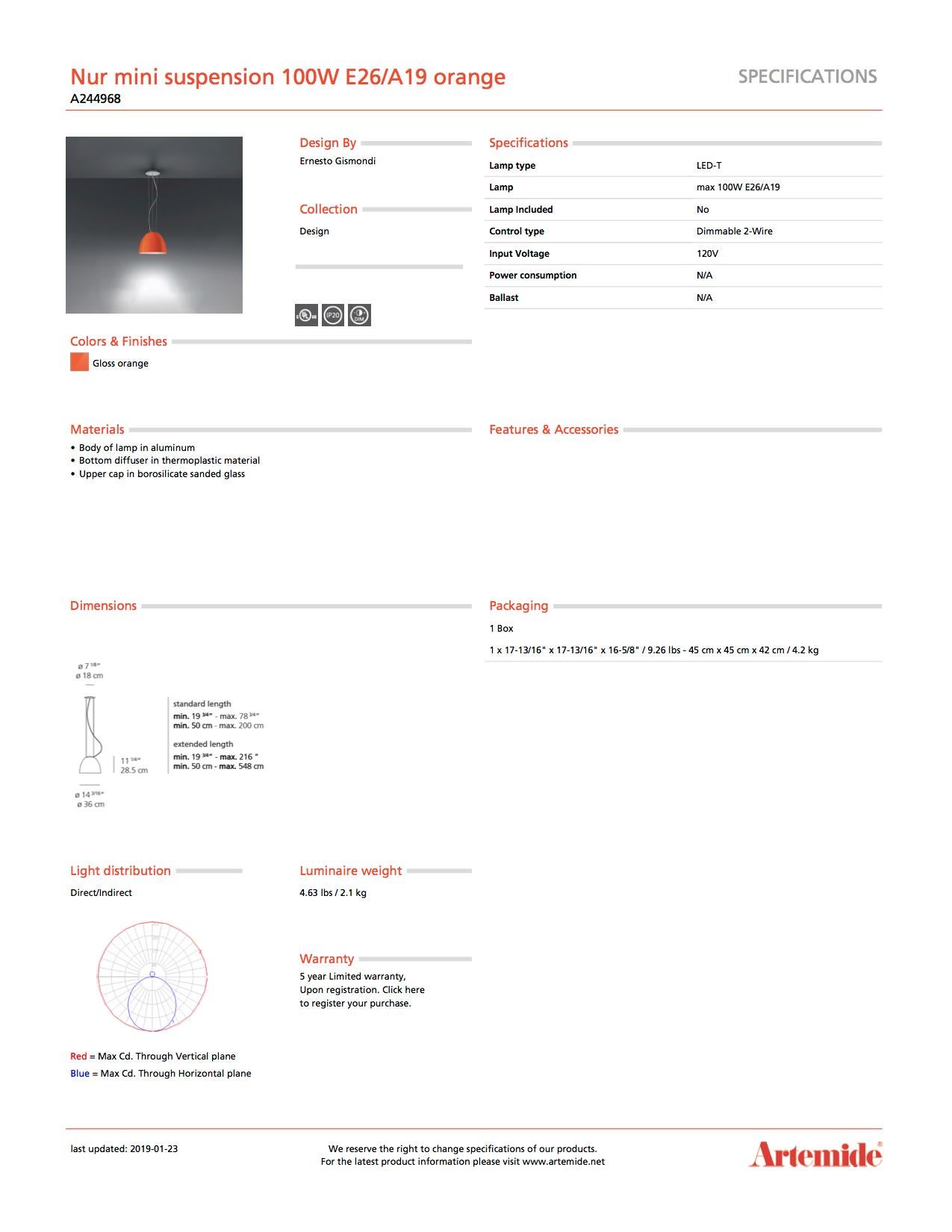 Italian Artemide Nur Mini Suspension Light 100W E26/A19 in Orange For Sale