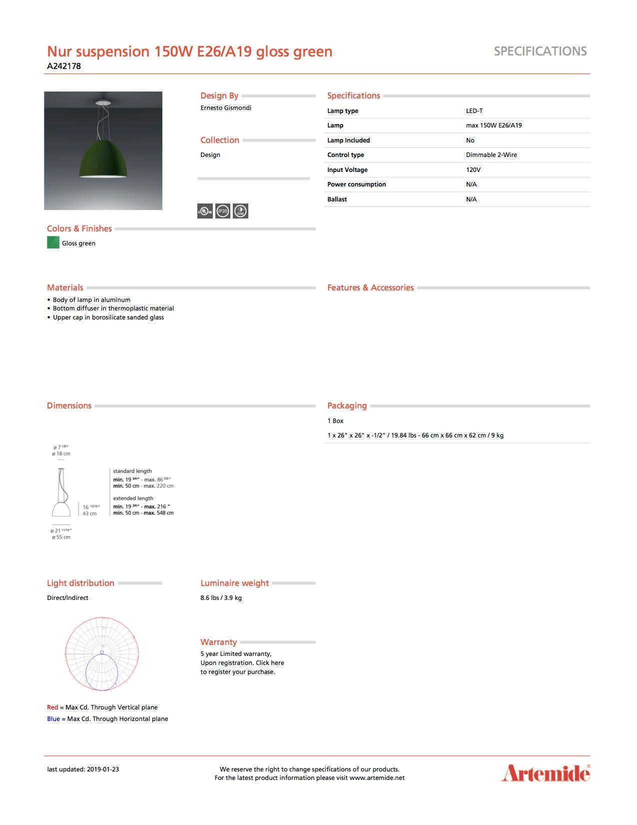 Italian Artemide Nur Suspension Light 150W E26/A19 in Gloss Green For Sale