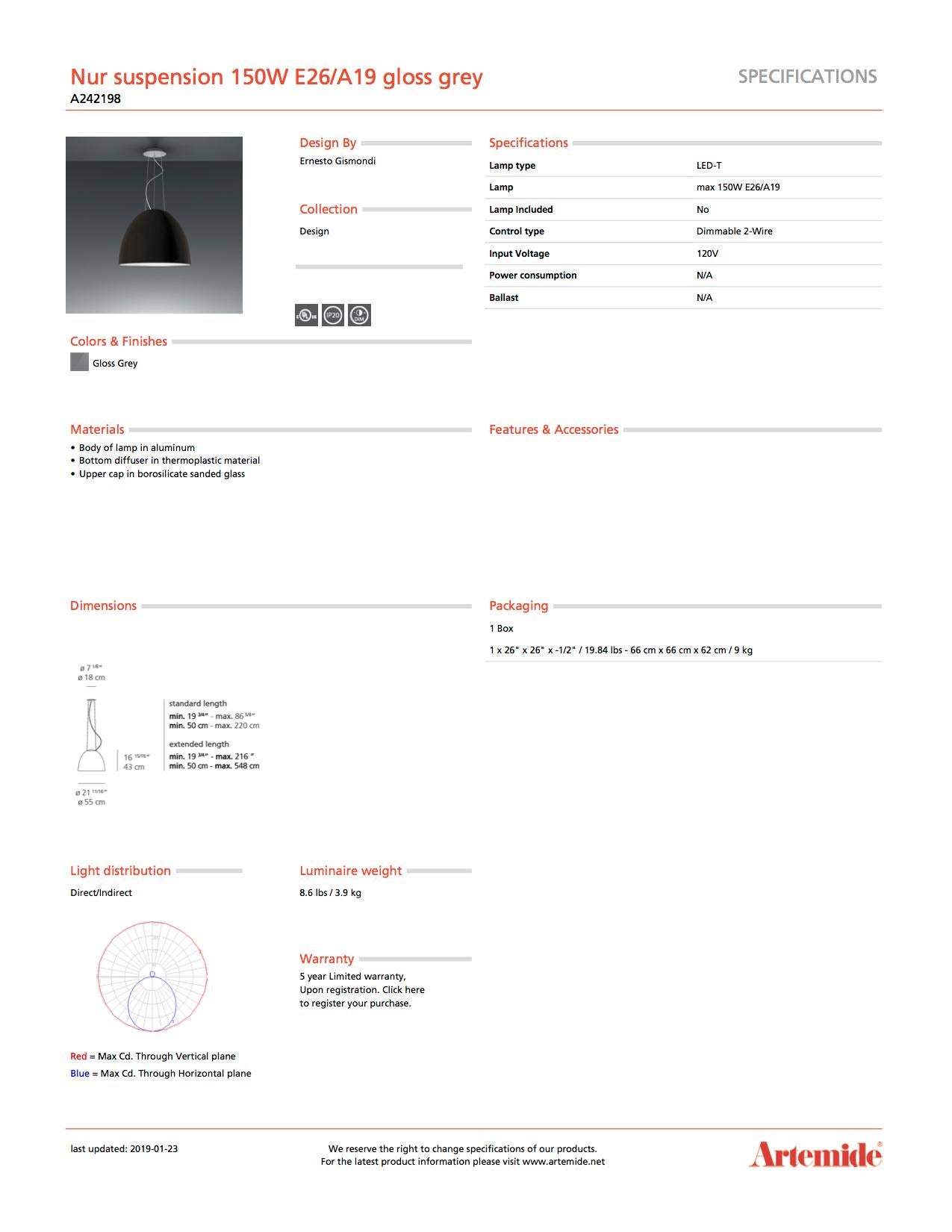 Italian Artemide Nur Suspension Light 150W E26/A19 in Gloss Grey For Sale