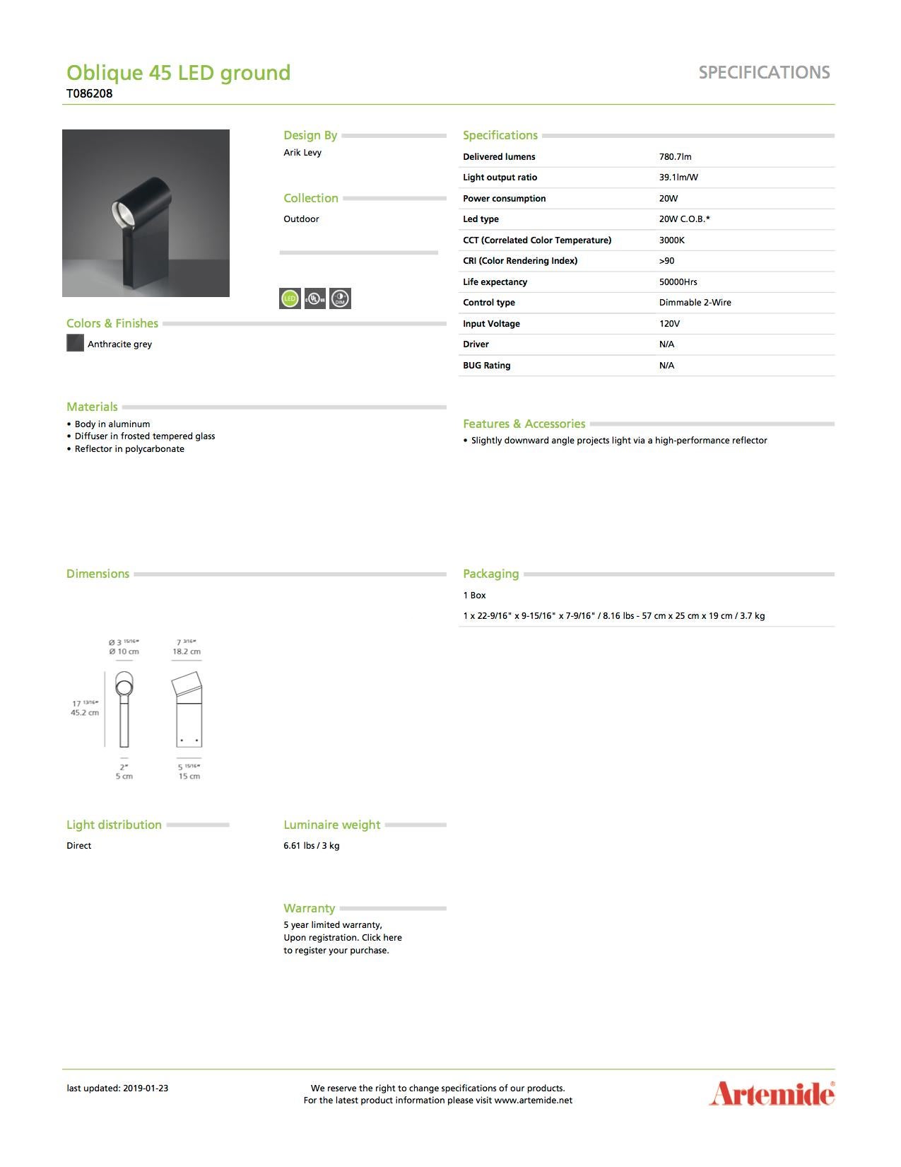 Artemide Oblique 45 LED-Grundleuchte in Schwarz im Zustand „Neu“ im Angebot in Hicksville, NY