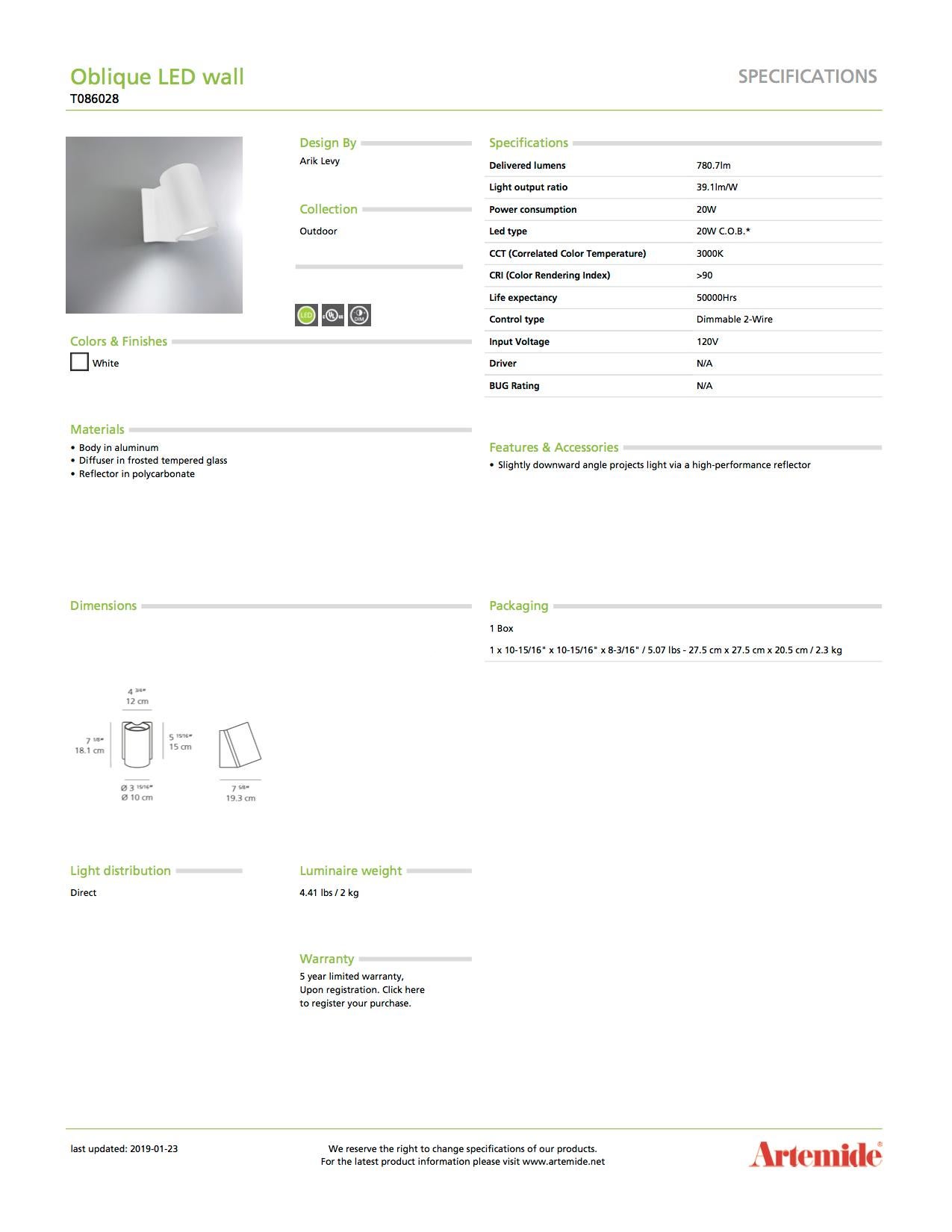 Modern Artemide Oblique LED Wall Light in White For Sale