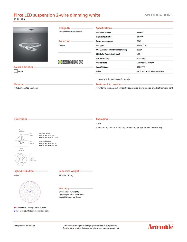 Modern Artemide Pirce LED Suspension Light with Dimmer in White For Sale