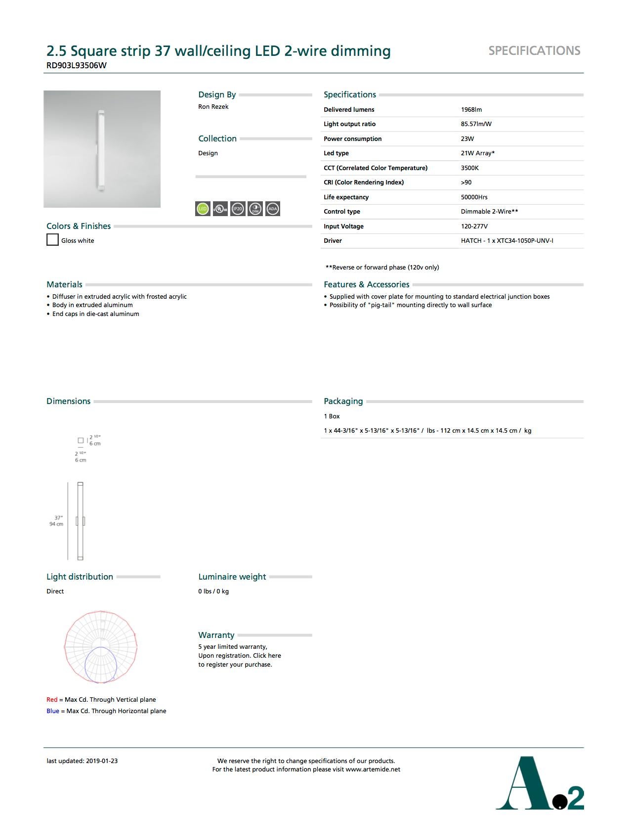 Artemide Quadratischer Streifen 37 LED Wand- und Deckenleuchte mit Dimmer (Kanadisch) im Angebot