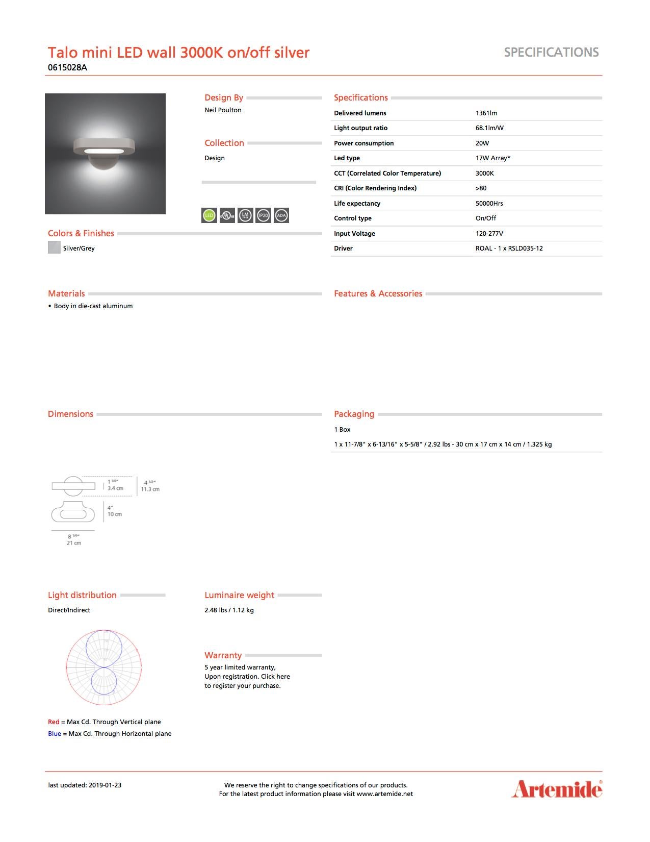 Modern Artemide Talo Mini 3000K LED Wall Light in Silver For Sale