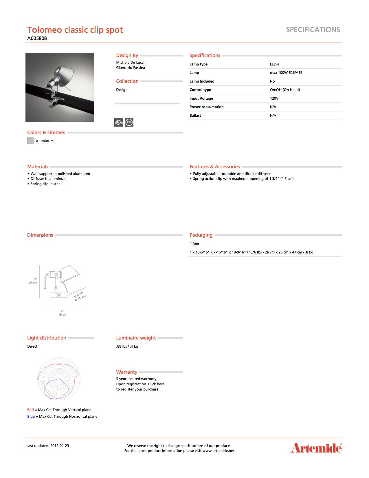 Italian Artemide Tolomeo Classic Clip Spot Light in Aluminum For Sale
