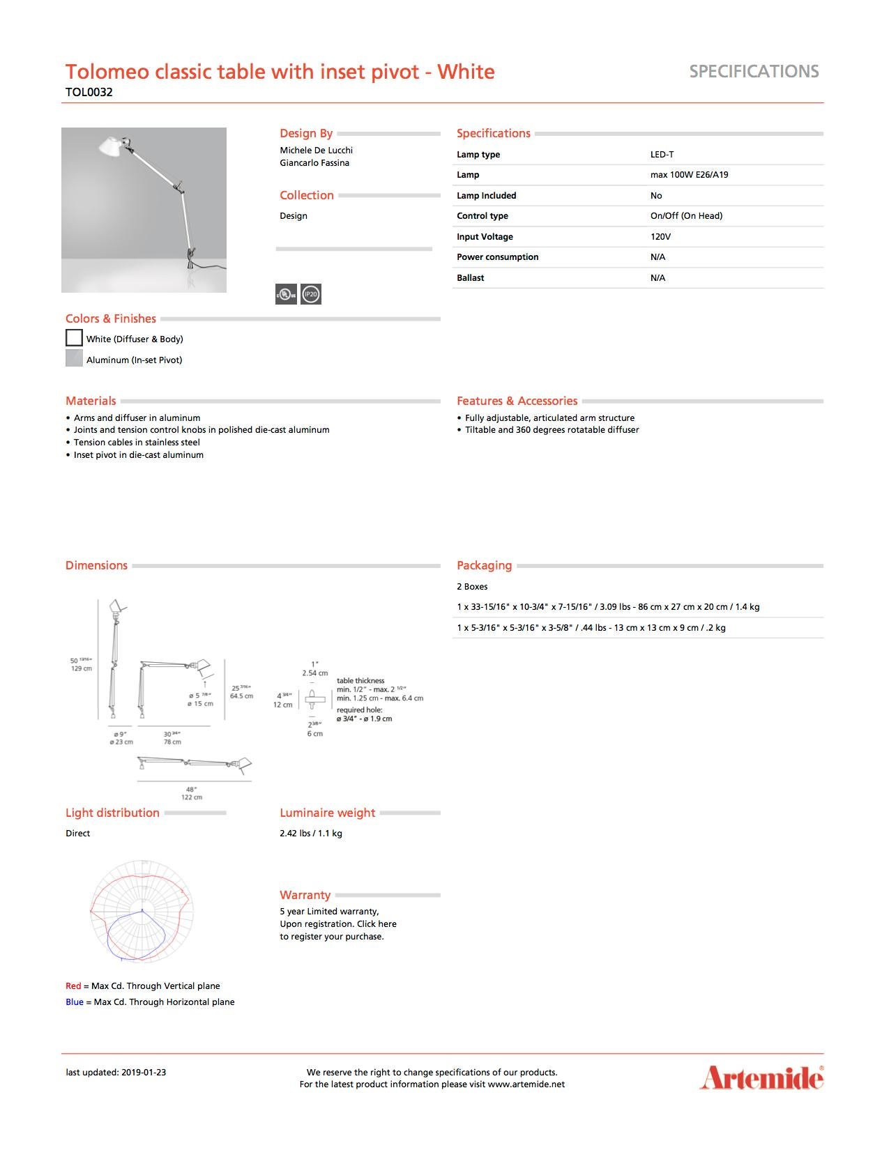 Moderne Artemide Tolomeo lampe de bureau classique avec pivot inséré en blanc en vente