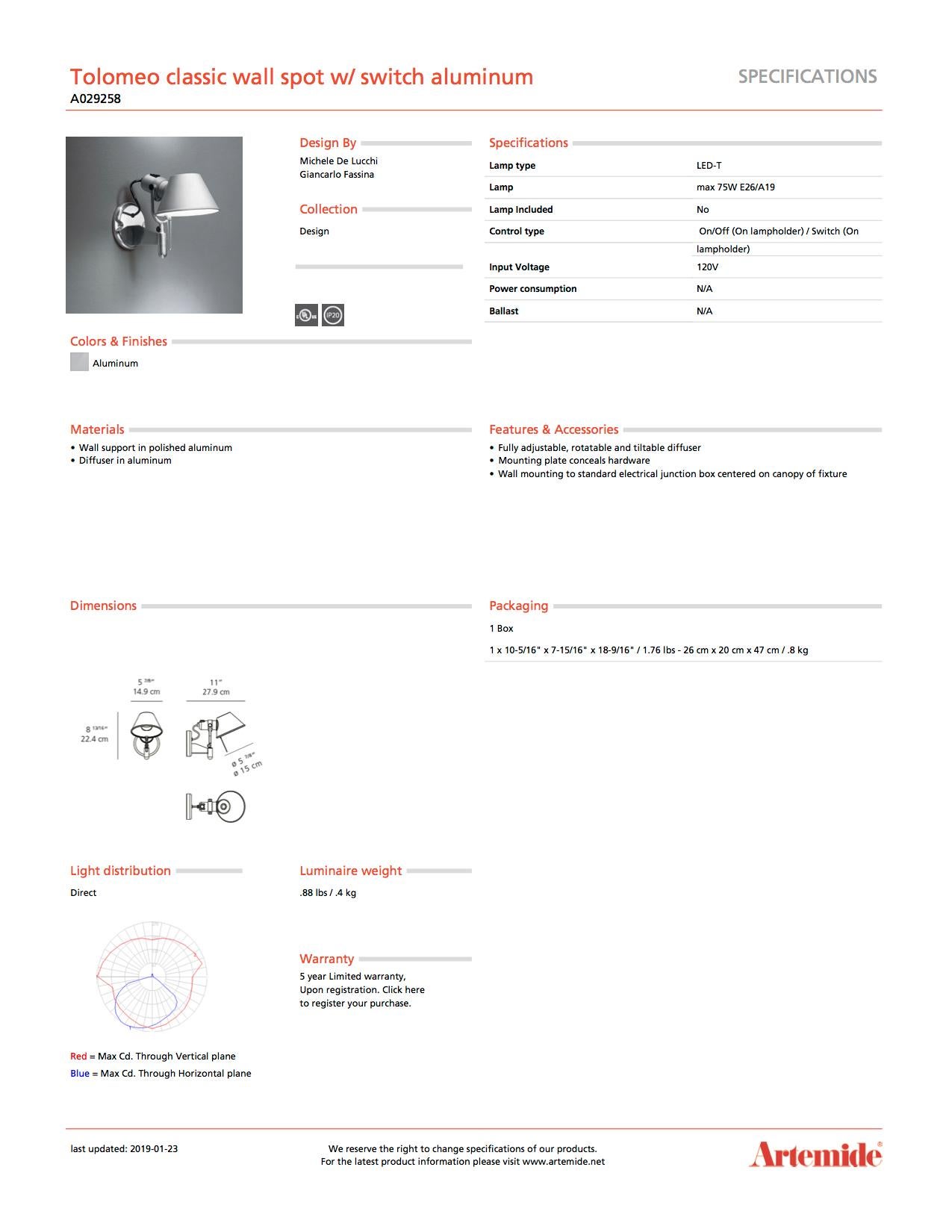 Modern Artemide Tolomeo Classic Wall Spot Light with Switch in Aluminum