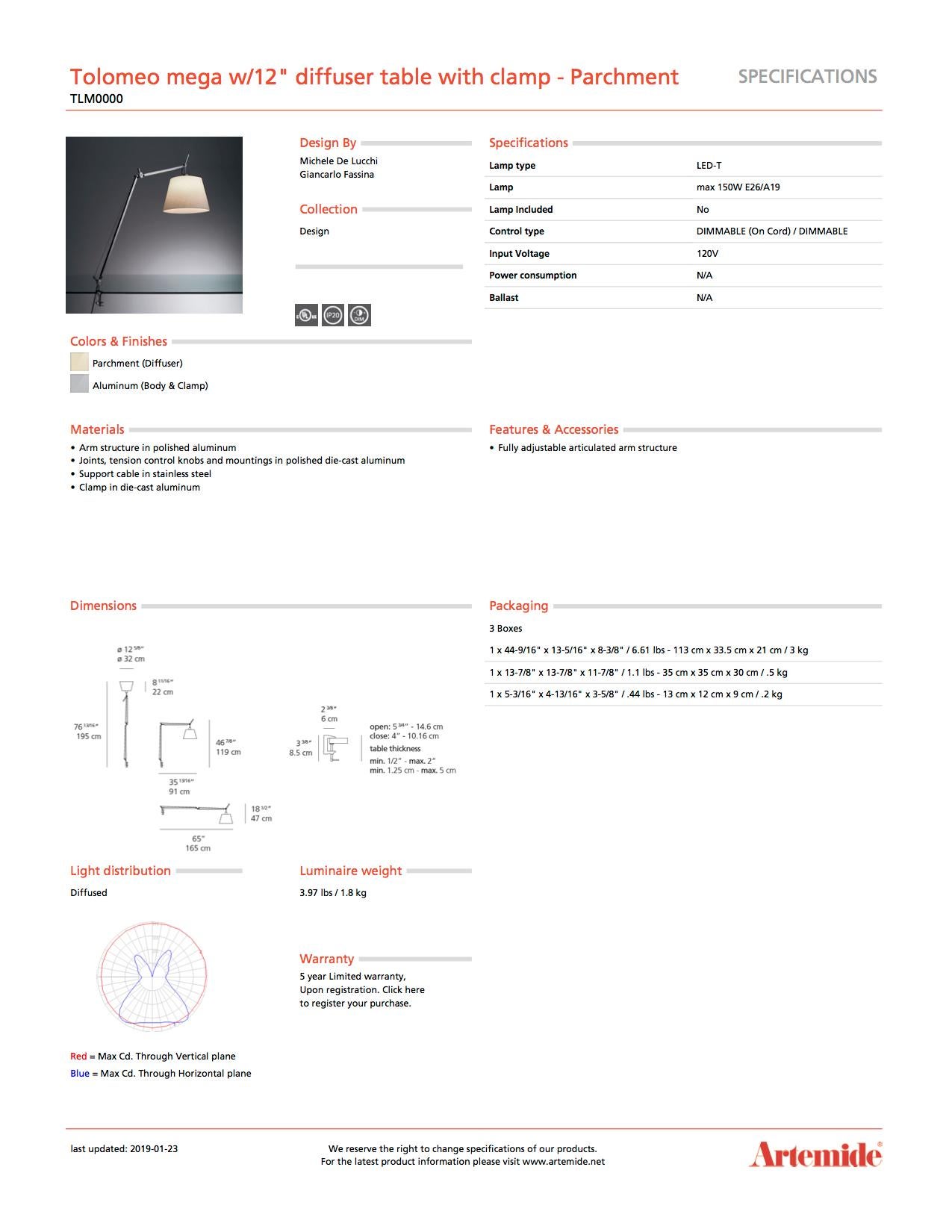 Moderne Artemide Tolomeo Mega lampe de bureau avec diffuseur et lampe en parchemin en vente