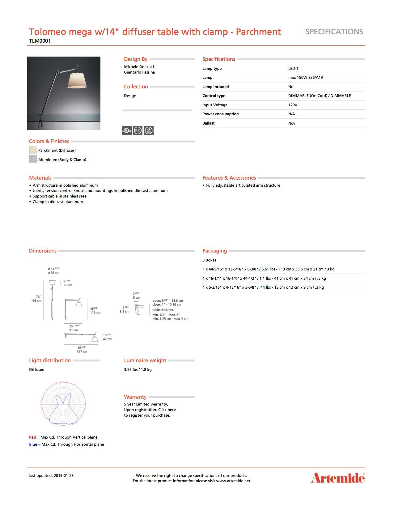 Modern Artemide Tolomeo Mega Table Lamp with Parchment Diffuser and Clamp For Sale