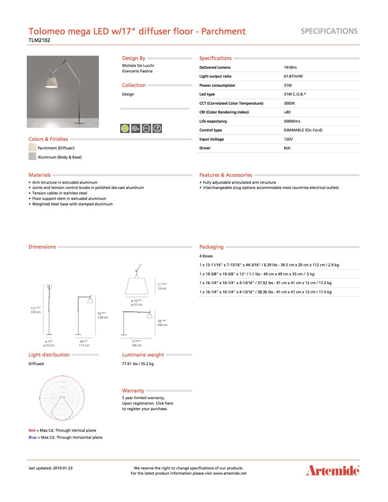 Artemide Tolomeo Mega LED-Stehlampe mit Pergamentdiffusor (Moderne) im Angebot