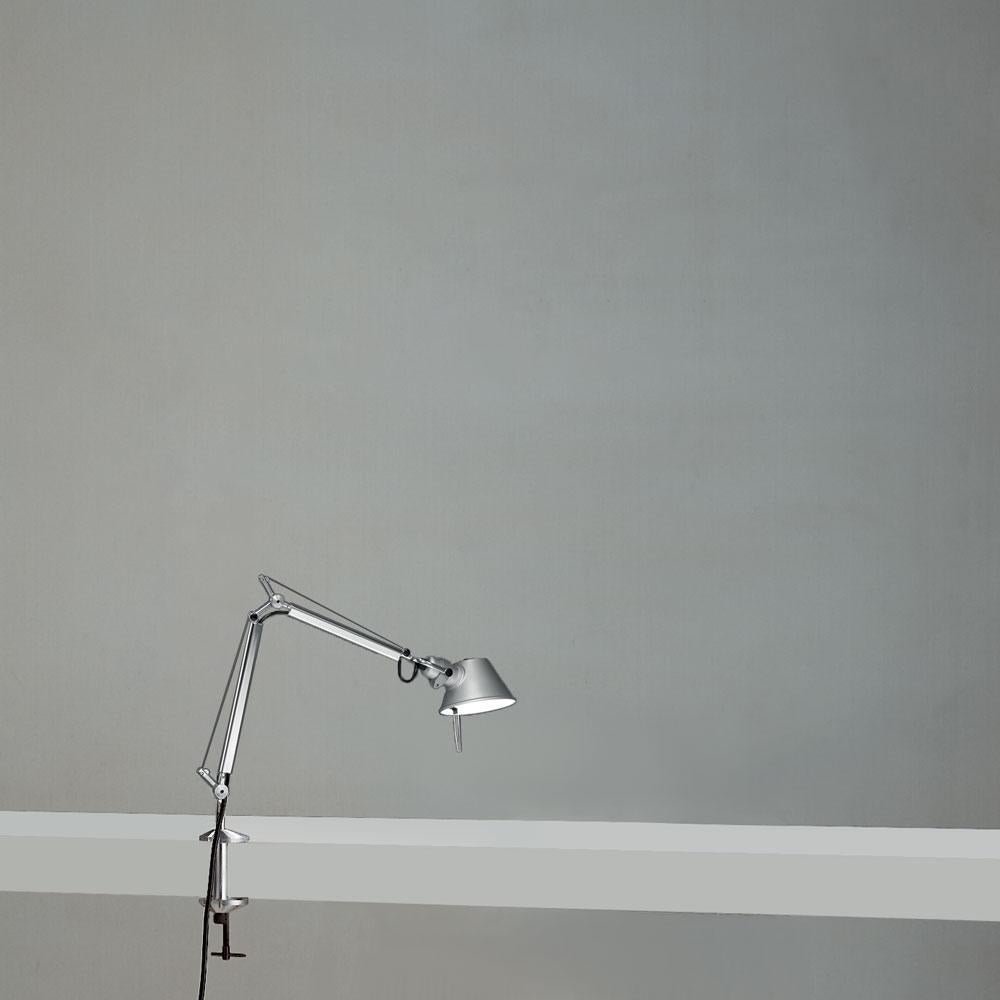 Artemide Tolomeo micro LED table lamp with clamp in aluminum.