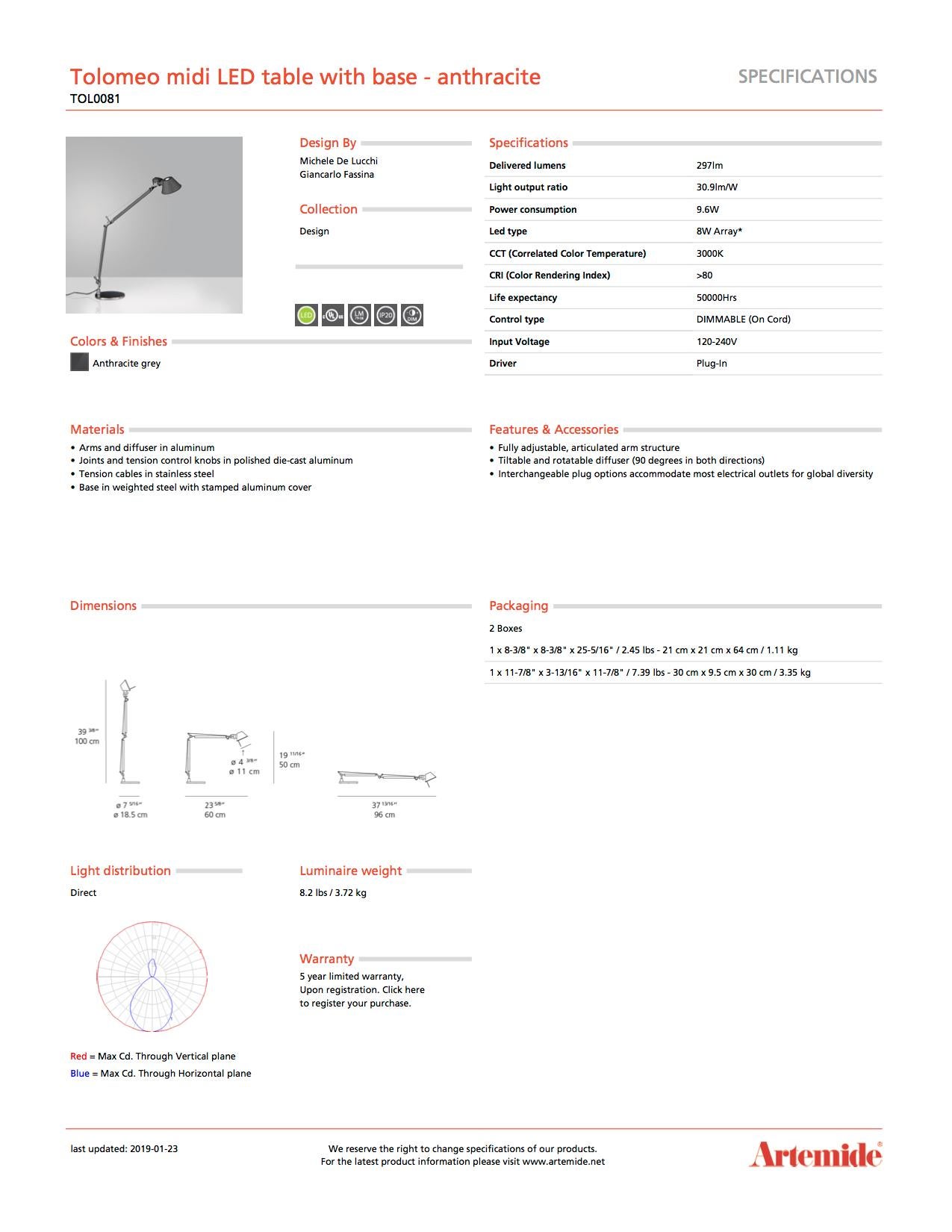 italien Artemide Tolomeo lampe de bureau LED mi-siècle gris anthracite avec base en vente