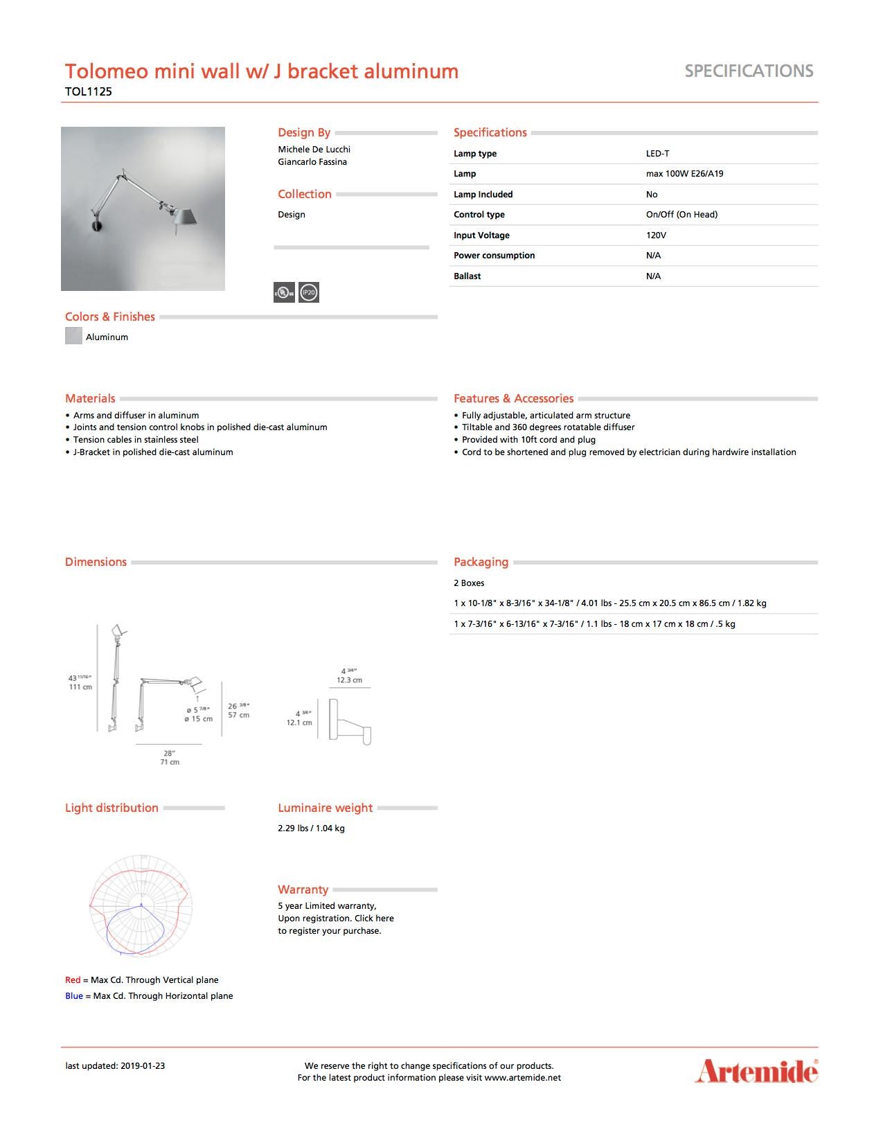 Artemide Tolomeo Mini-Wandleuchte mit J-Fassung aus Aluminium (21. Jahrhundert und zeitgenössisch) im Angebot