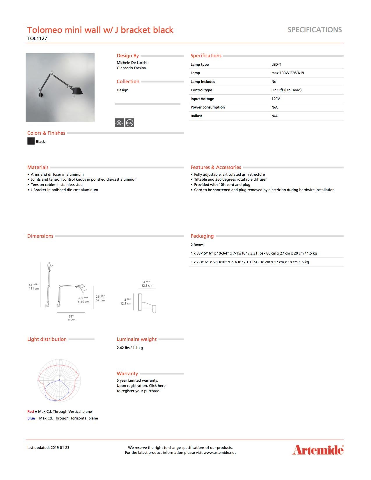 Artemide Tolomeo Mini-Wandleuchte mit J-Fassung in Schwarz (Italienisch) im Angebot