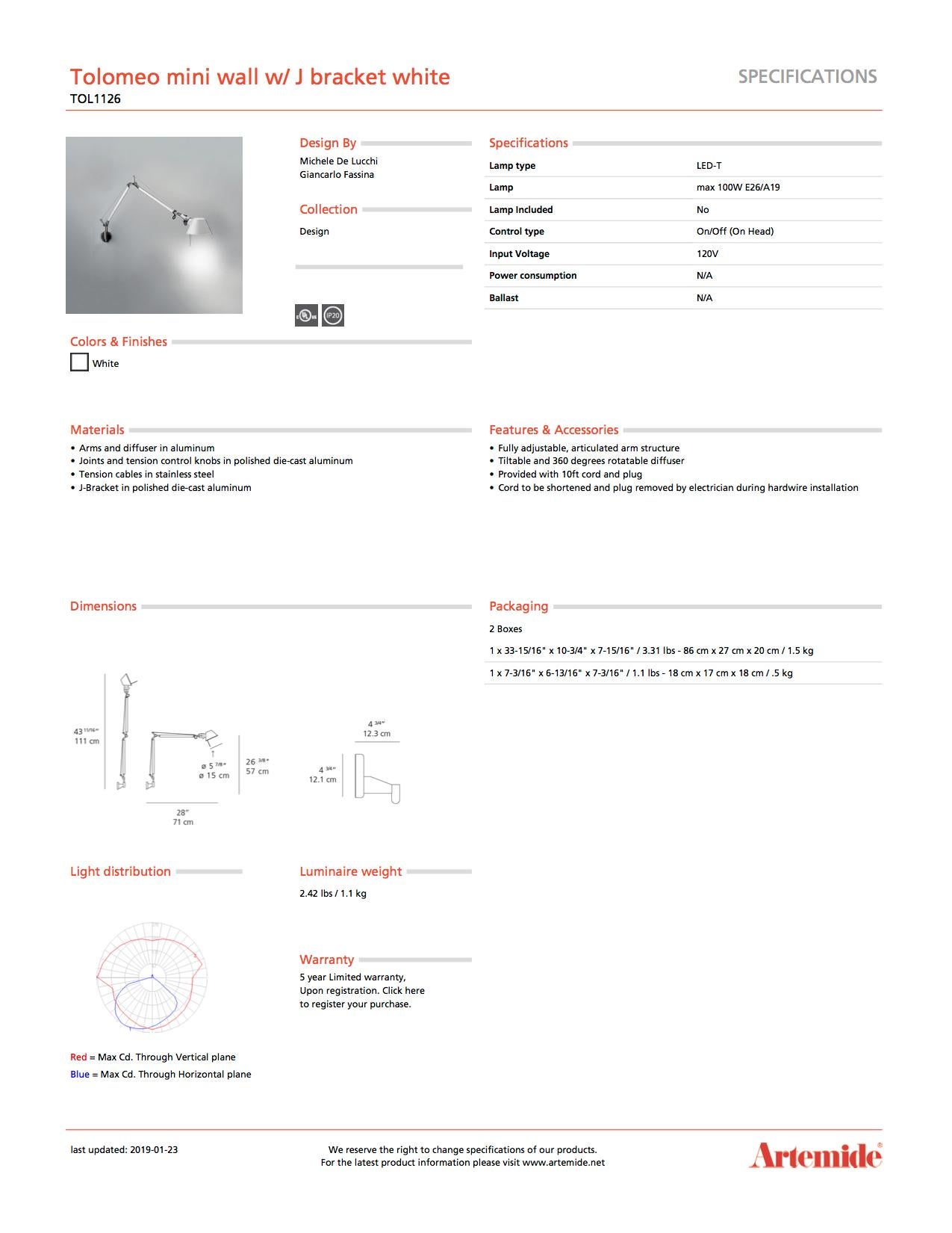 Artemide Tolomeo Mini-Wandleuchte mit J-Fassung in Weiß im Zustand „Neu“ im Angebot in Hicksville, NY