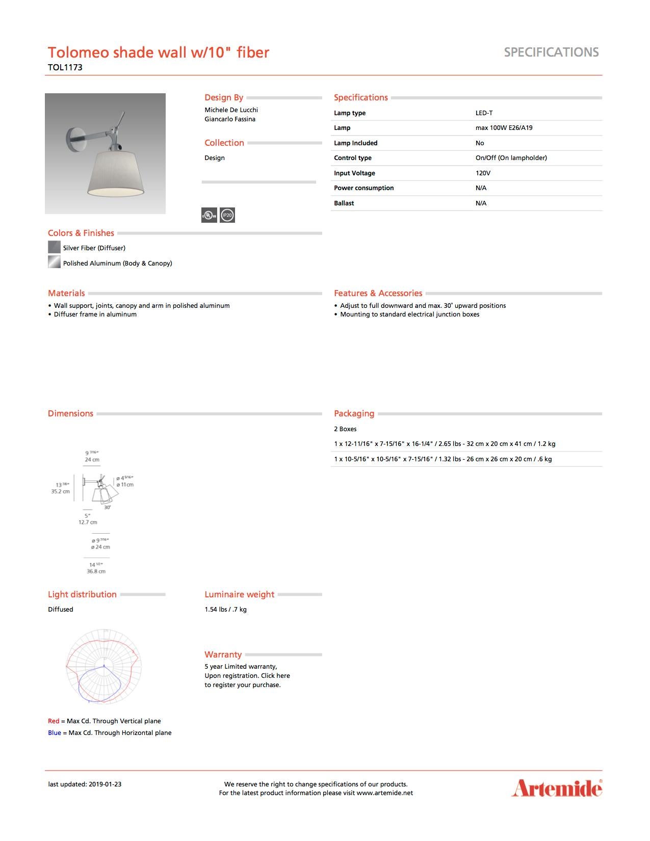 Artemide Tolomeo Standard-Wandleuchte mit rundem Fiberglasschirm (Italienisch) im Angebot