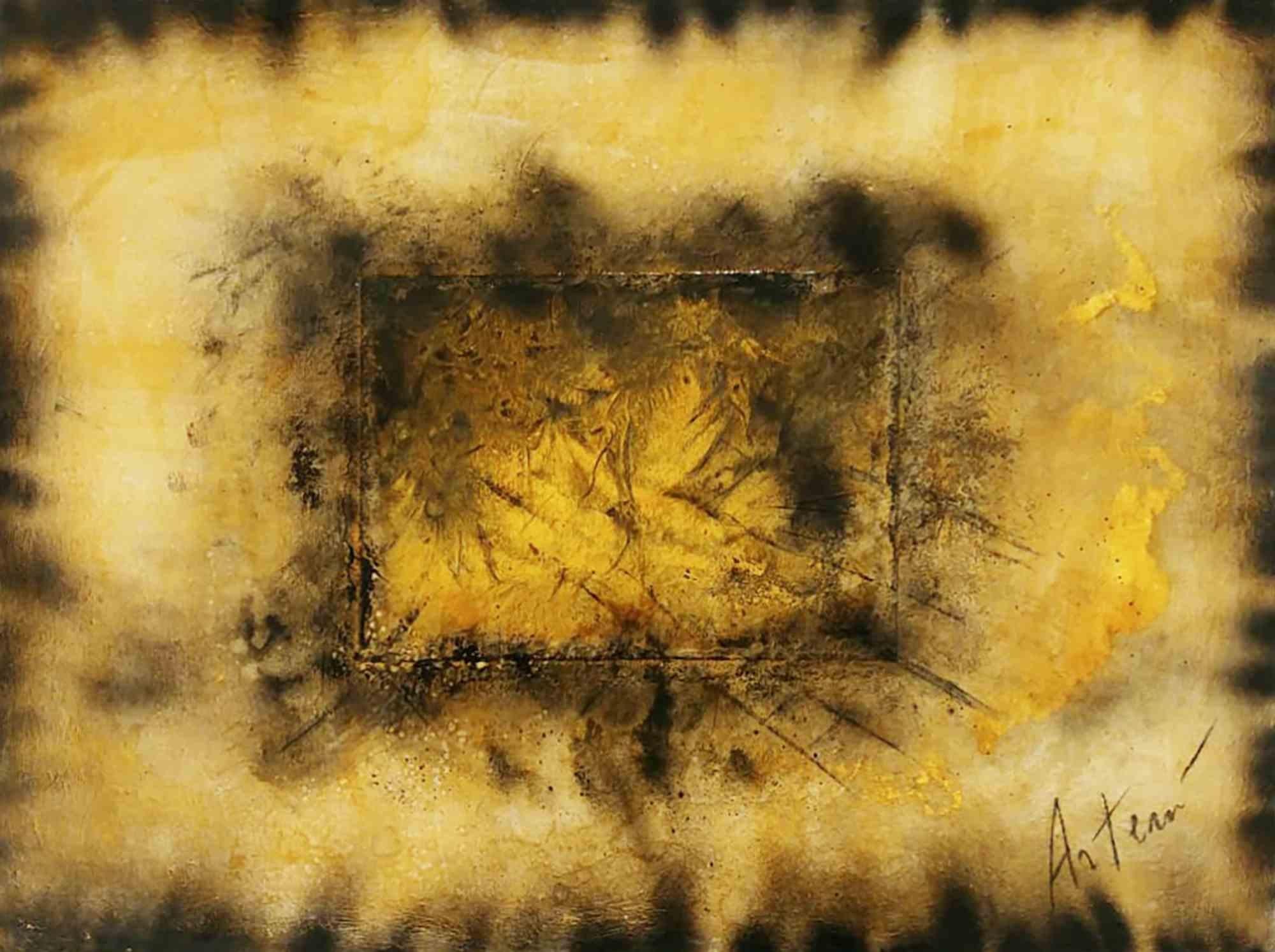 The work is entitled 'Scorci d'infinito black border n.4' and is part of the 'Scorci di infinito' series measuring 80 × 60 cm by the artist Artemio Ceresa. The technique is mixed media on canvas and the signature on the front is Artemio . The work
