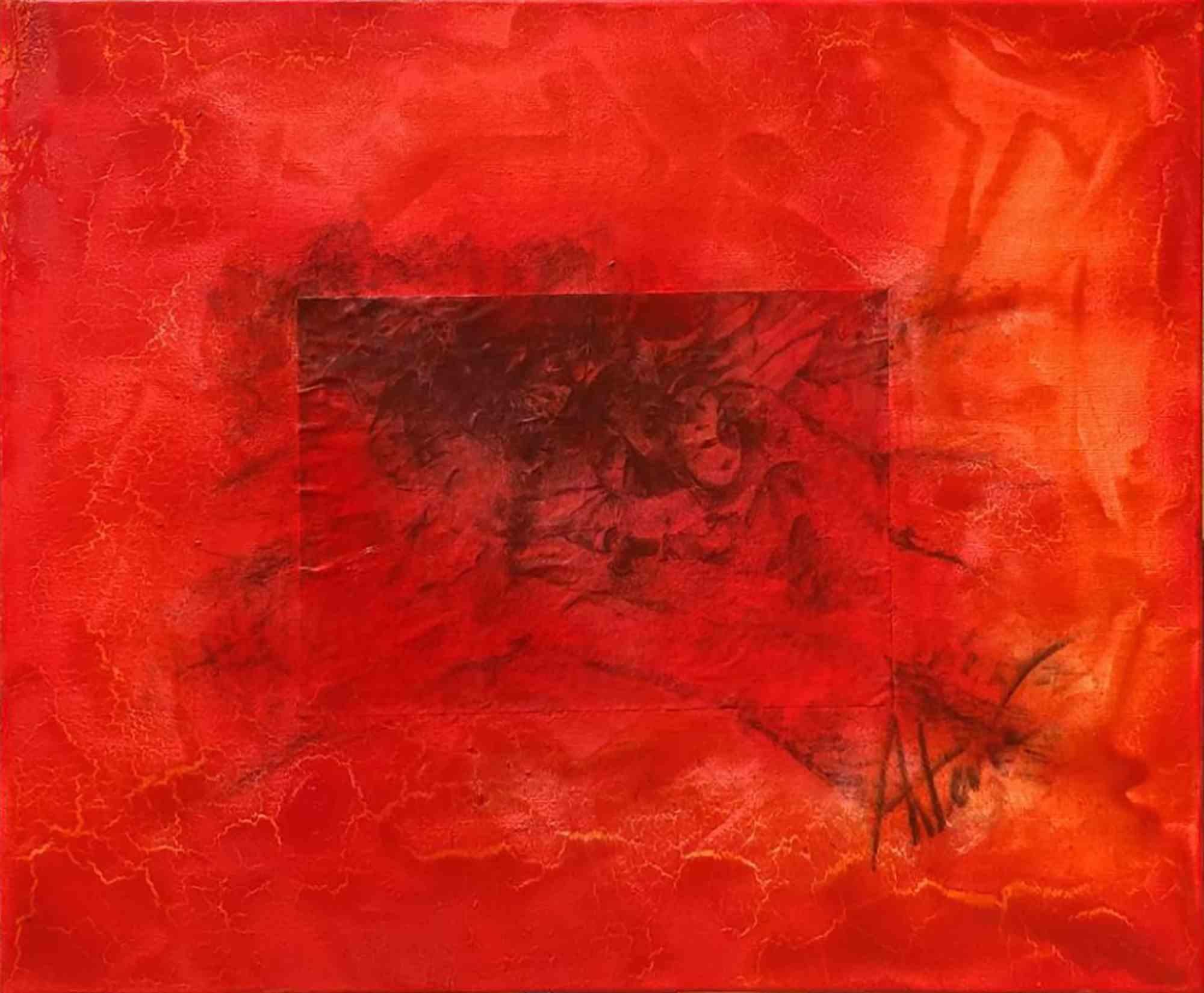 The work is entitled 'Scorci d'infinito red border n.2' and is part of the 'Scorci di infinito' series measuring 80 × 60 cm by the artist Artemio Ceresa. The technique is mixed media on canvas and the signature on the front is Artemio . The work is